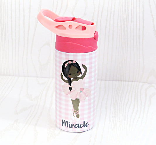 12 oz Stainless Steel Girls Ballerina Dance Tumbler - Toddler Water Bottle - Flip Top - Insulated Reusable - Straw - Personalized Custom with Handle