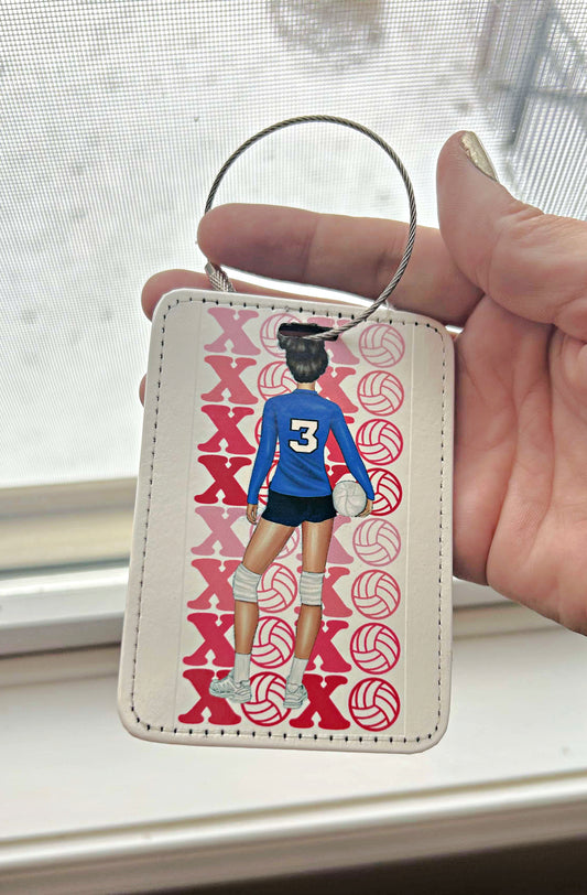 Personalized Volleyball Luggage Tag -  Your Choice of Hair Color / Shirt Color / Skin Color - Faux Leather - Gift Luggage Accessory - Custom Luggage