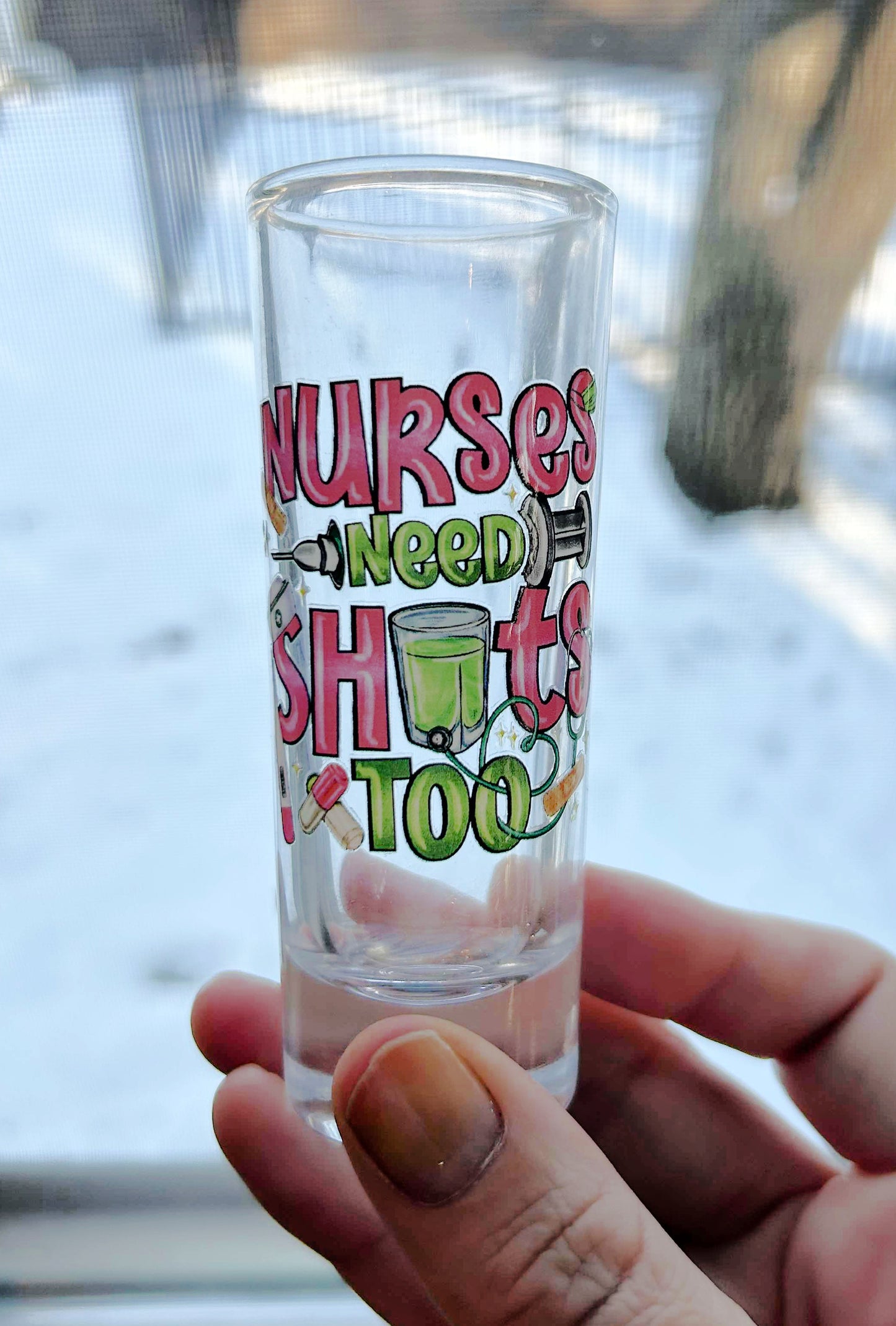 Kenzie's Boutique Handmade Nurses Need Shots Too 2 oz Shot Glass - Hot Pink Lime Green Appreciation Week Gift for Women and Male Nurses – Funny Care Package Present – Nursing Graduation Day Party