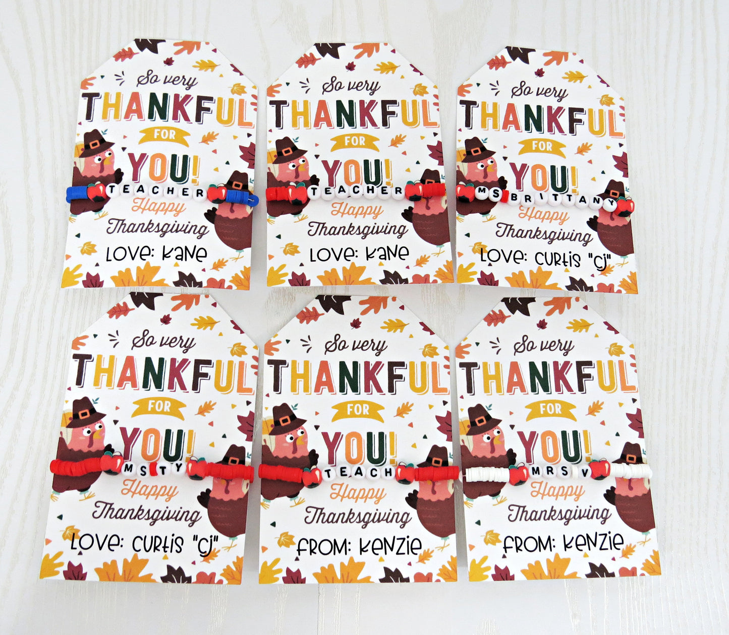 Thankful for You Personalized Bracelet and Matching Card - Unique Thanksgiving Gift Teacher Nurse Doctor from Kids - Greeting Cards - Gift for Him Her Boy Girl Note