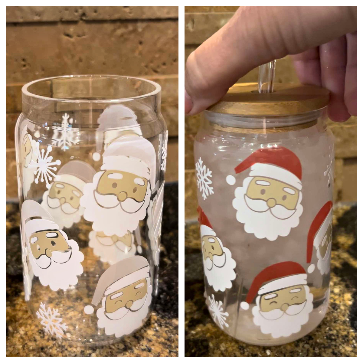 16 oz Color Changing Christmas Santa Glass Cup with Bamboo Lid - Pint Beer Glass - Color Changing Vinyl  Cup -  Gift