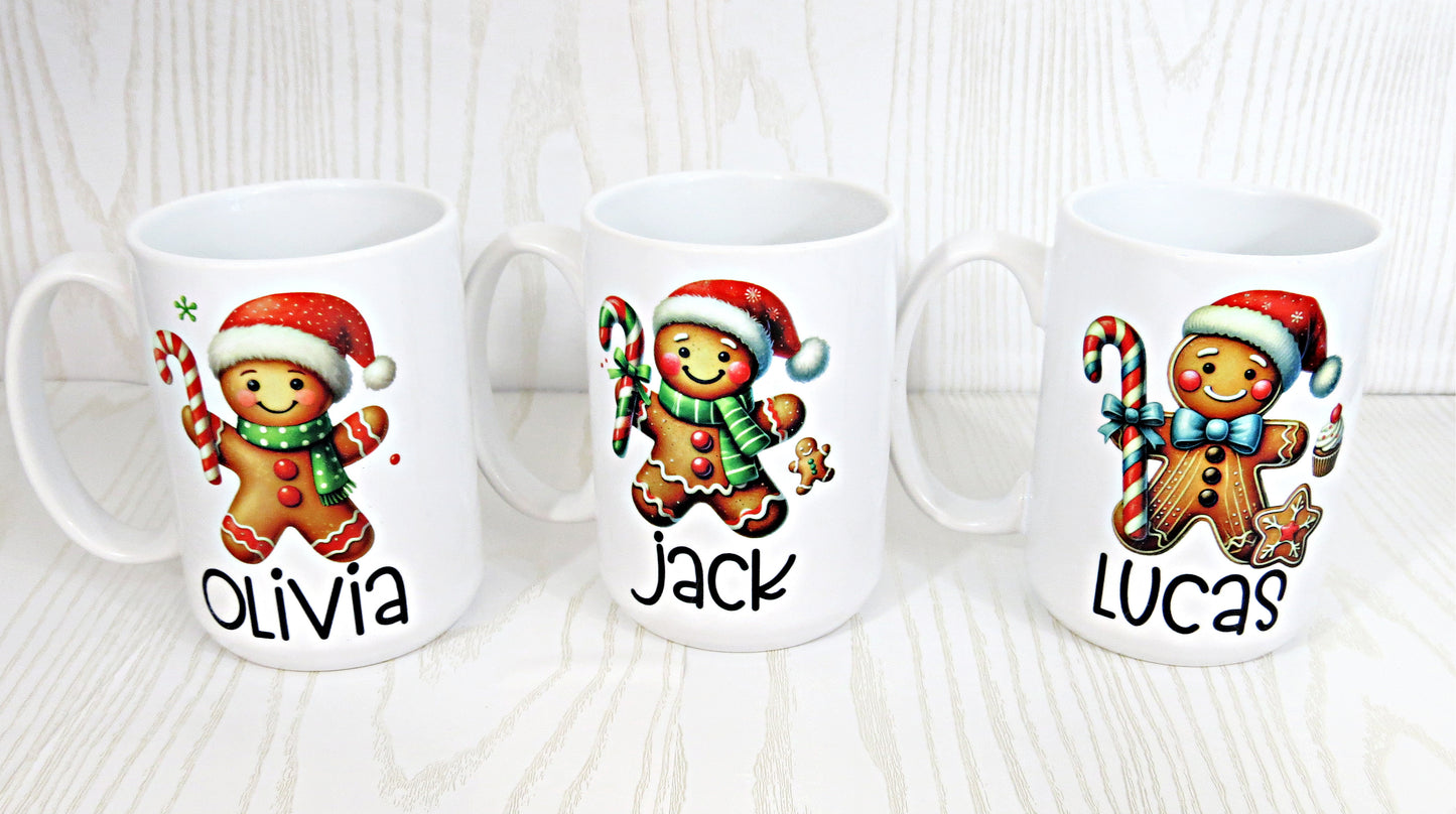 Handmade Kenzie's Boutique Personalized Cute Gingerbread Man Coffee Mug with Name For Kids - 15 ounces Ceramic - Christmas Holiday Mug Gifts - Girl Boy - Unique Winter - Big