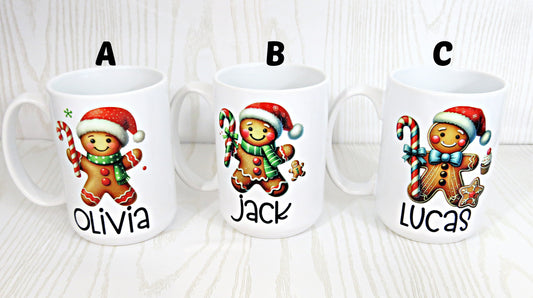 Handmade Kenzie's Boutique Personalized Cute Gingerbread Man Coffee Mug with Name For Kids - 15 ounces Ceramic - Christmas Holiday Mug Gifts - Girl Boy - Unique Winter - Big