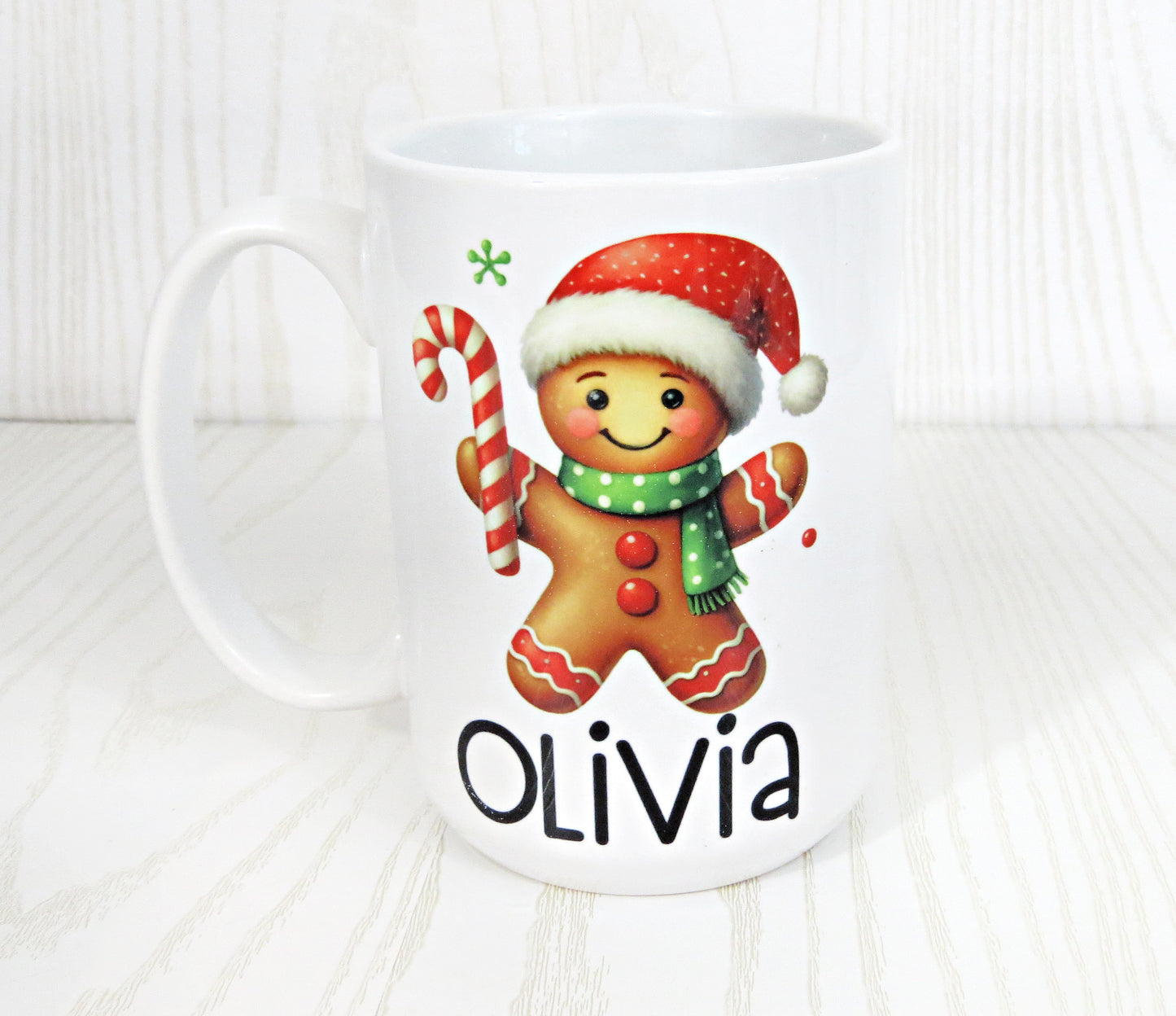 Handmade Kenzie's Boutique Personalized Cute Gingerbread Man Coffee Mug with Name For Kids - 15 ounces Ceramic - Christmas Holiday Mug Gifts - Girl Boy - Unique Winter - Big