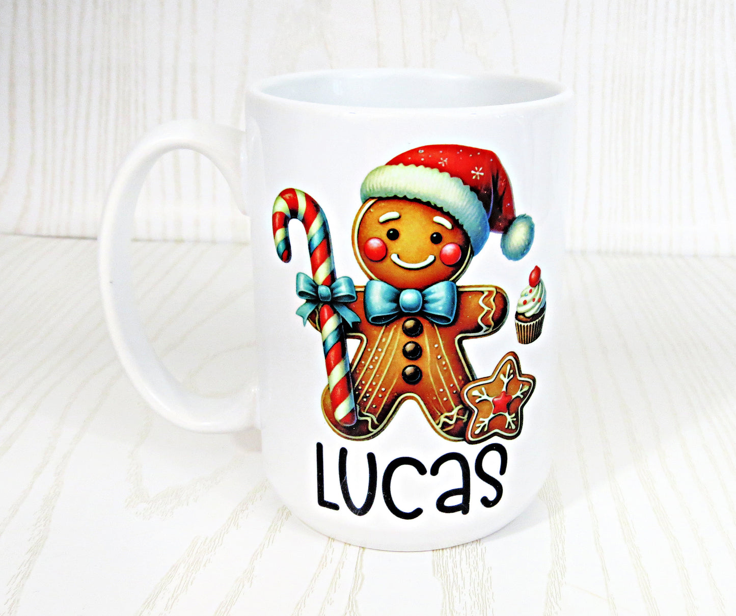 Handmade Kenzie's Boutique Personalized Cute Gingerbread Man Coffee Mug with Name For Kids - 15 ounces Ceramic - Christmas Holiday Mug Gifts - Girl Boy - Unique Winter - Big