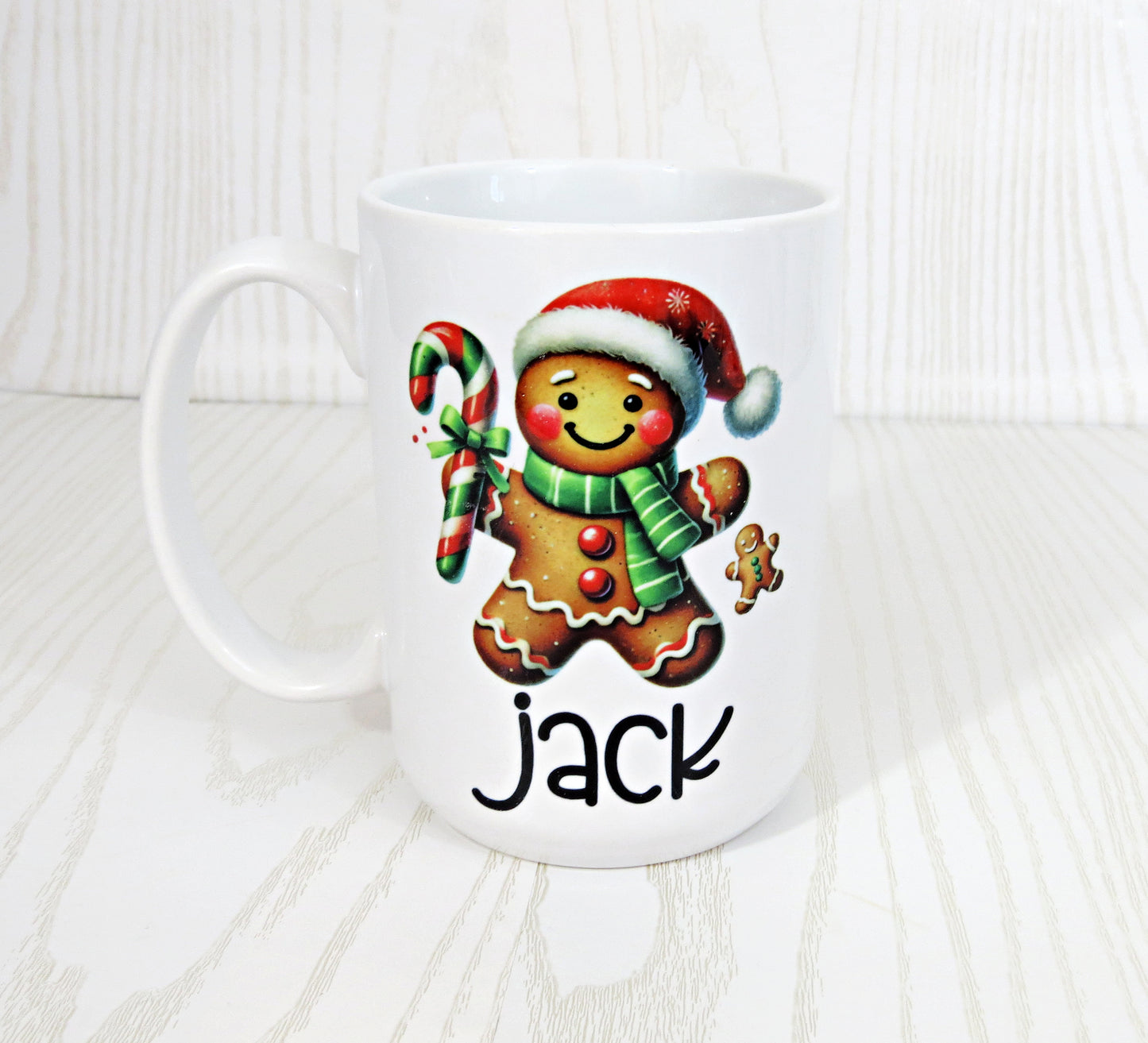 Handmade Kenzie's Boutique Personalized Cute Gingerbread Man Coffee Mug with Name For Kids - 15 ounces Ceramic - Christmas Holiday Mug Gifts - Girl Boy - Unique Winter - Big