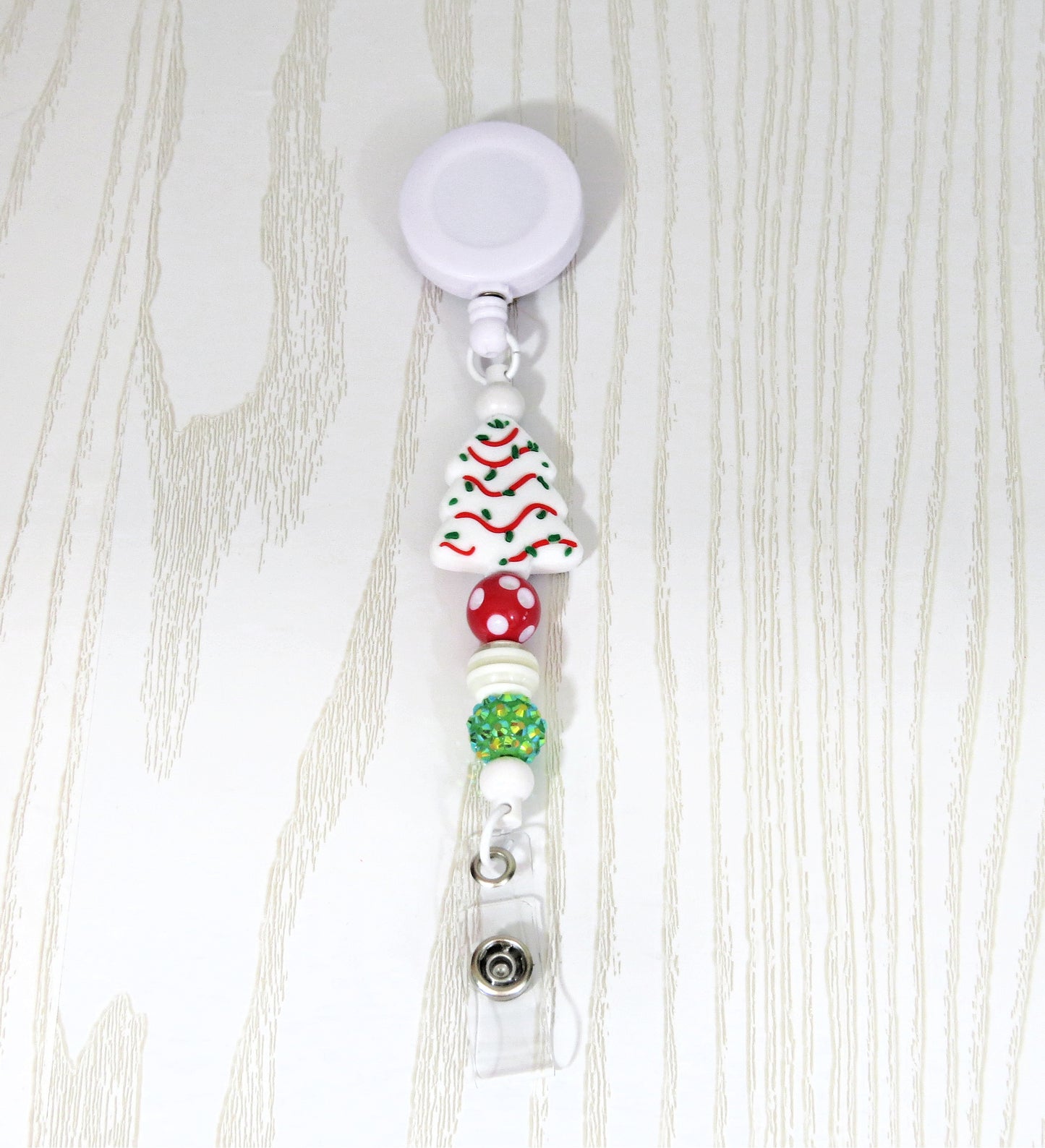 Kenzie's Boutique Handmade Retractable Christmas Tree Snack Cake Badge Reel Lanyard Clip - Stylish Cute Beaded Design - Cruise Breakaway Clasp for ID Badges and Keys