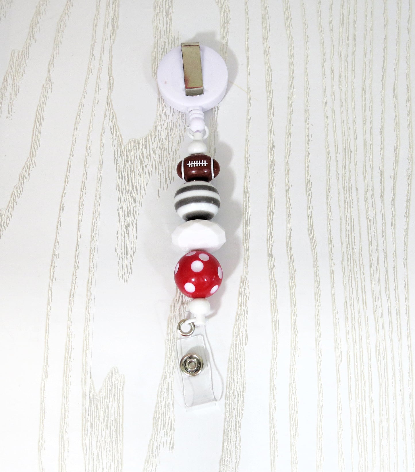 Kenzie's Boutique Handmade Retractable Ohio Football Badge Reel Lanyard Clip - Stylish Cute Beaded Design - Cruise Breakaway Clasp for ID Badges and Keys