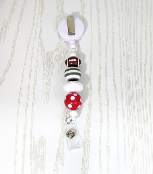 Kenzie's Boutique Handmade Retractable Ohio Football Badge Reel Lanyard Clip - Stylish Cute Beaded Design - Cruise Breakaway Clasp for ID Badges and Keys