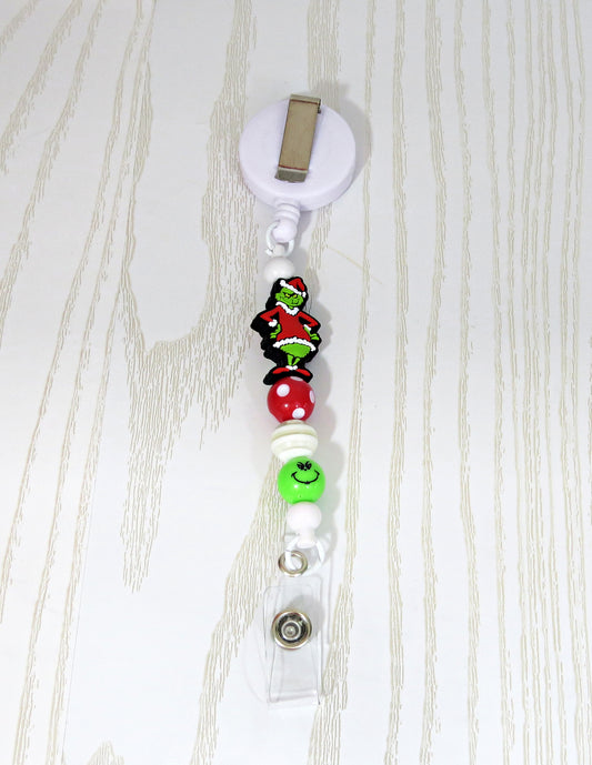 Kenzie's Boutique Handmade Retractable Green Man Badge Reel Lanyard Clip - Stylish Cute Beaded Design - Cruise Breakaway Clasp for ID Badges and Keys