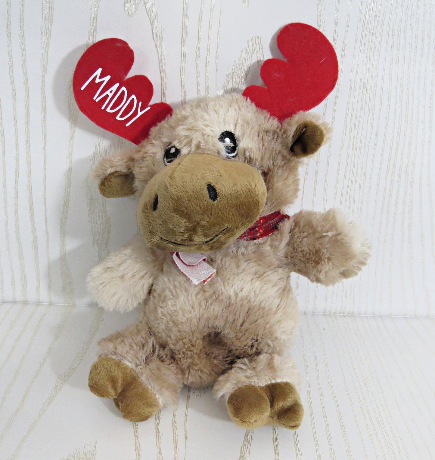 Handmade Kenzie's Boutique Personalized Christmas Chocolate Scented Moose – Custom Name Plush Toys - Reindeer Gift – Kids Secret Santa – Stuffed Toy Stocking Stuffer - Elk Plaid Scarf