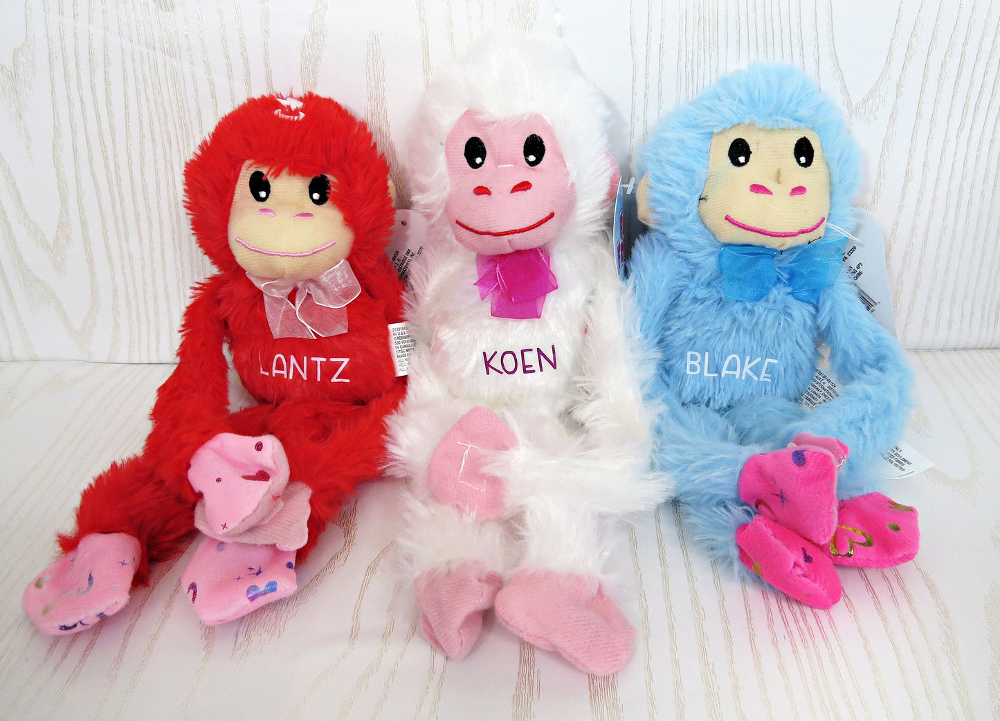 Kenzie's Boutique Handmade Personalized Valentines Day Hanging Monkey Plush Gift for Kids - Custom Stuffed Animal with Name – Hanging Lovey Velcro Hands – Boys Girls – Décor Classroom Exchange