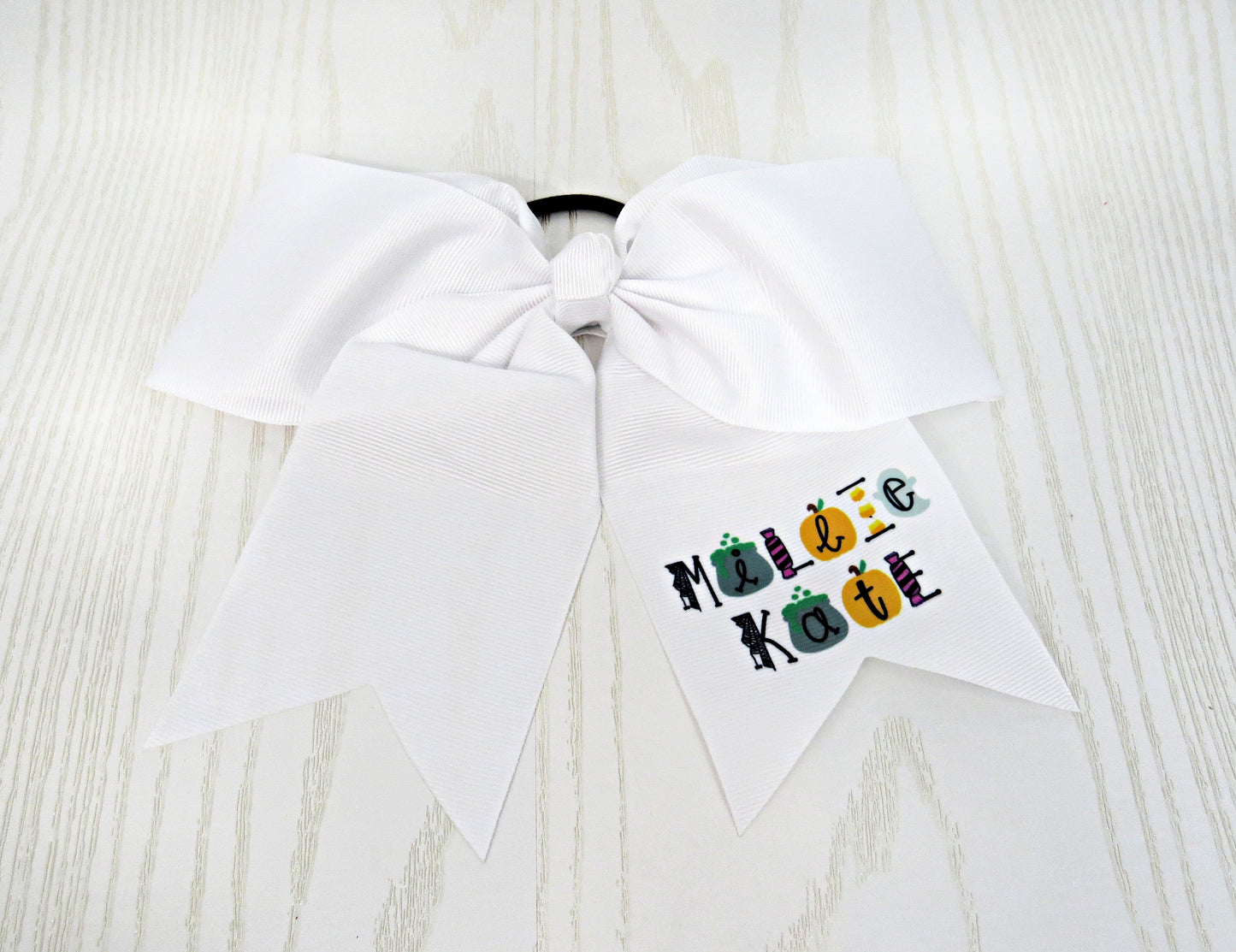 Halloween Personalized Hair Bow for Girls - Boo Hair Tie Accessory- Custom White Preppy Bow Trick or Treat - Cheer 8" Bow - Ribbon