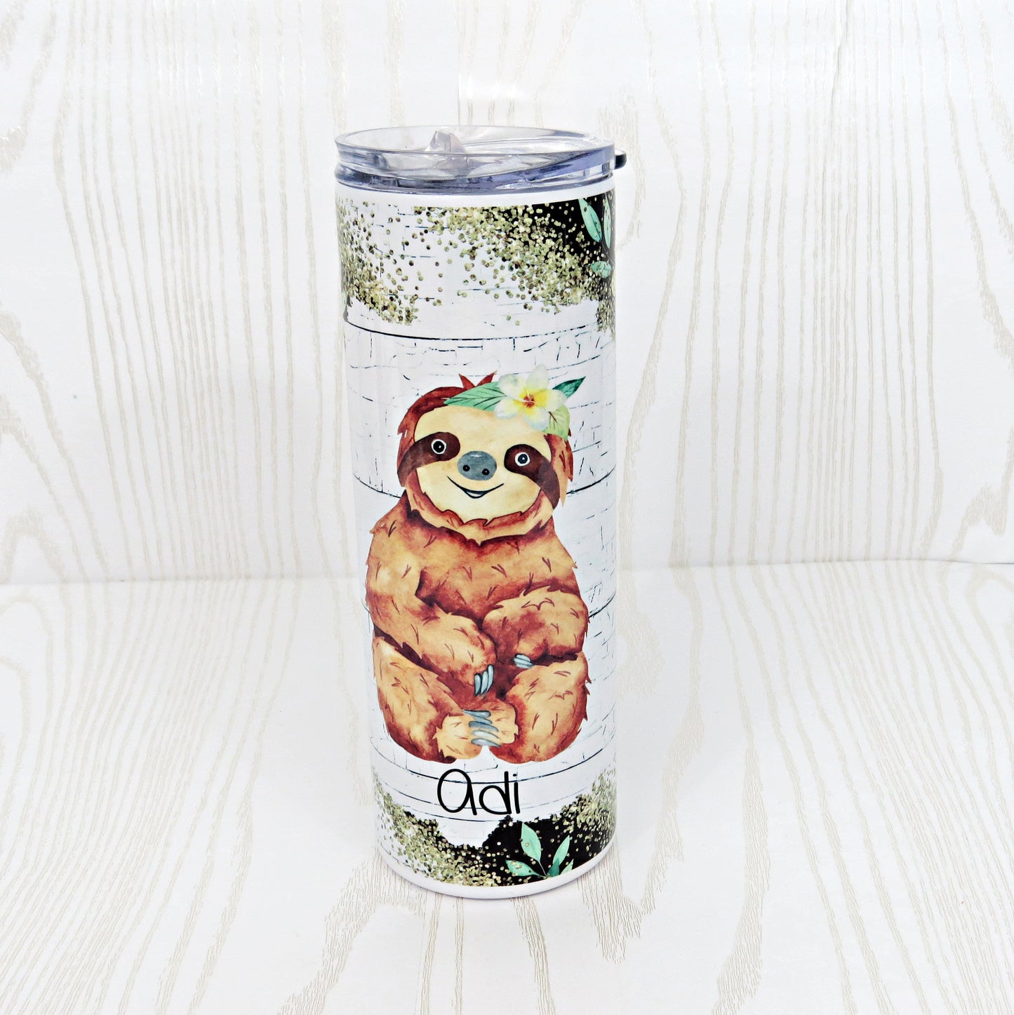 20 oz Stainless Steel Skinny Tumbler Sloth Cute Animal - Personalized Custom with Name  - Coffee Travel Mug- Straw & Lid