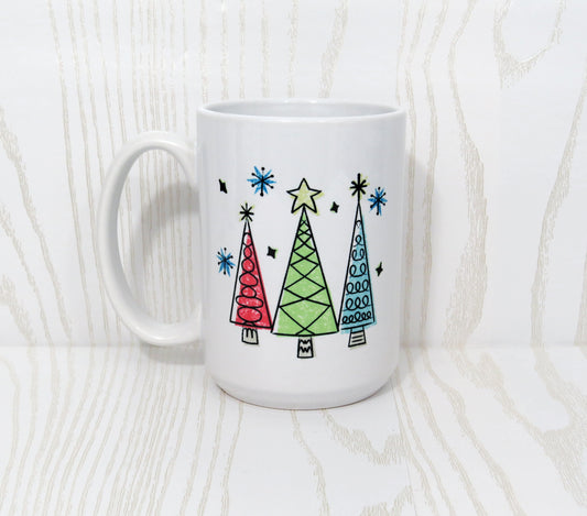 Christmas Themed Holiday Coffee Mug Gift - Hot Cocoa Present - Christmas Trees