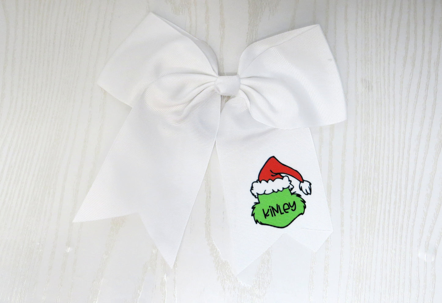 Christmas Personalized Green Man Hair Bow for Girls - Monogram Holidays Hair Tie Accessory- Custom White Preppy Bow Holiday Season - Cheer 8" Bow - Ribbon