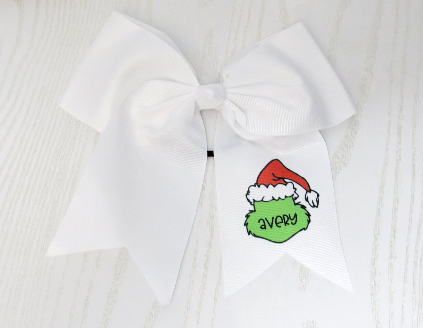 Christmas Personalized Green Man Hair Bow for Girls - Monogram Holidays Hair Tie Accessory- Custom White Preppy Bow Holiday Season - Cheer 8" Bow - Ribbon