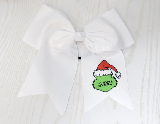 Christmas Personalized Green Man Hair Bow for Girls - Monogram Holidays Hair Tie Accessory- Custom White Preppy Bow Holiday Season - Cheer 8" Bow - Ribbon