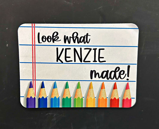 Kenzie's Boutique Handmade Look What I Made Magnet - Personalized Colored Pencils Kids Hanging Artwork Hanger - Custom Refrigerator Fridge Art Display Holder Sign Magnetic Bar - At School - Decorative Signage