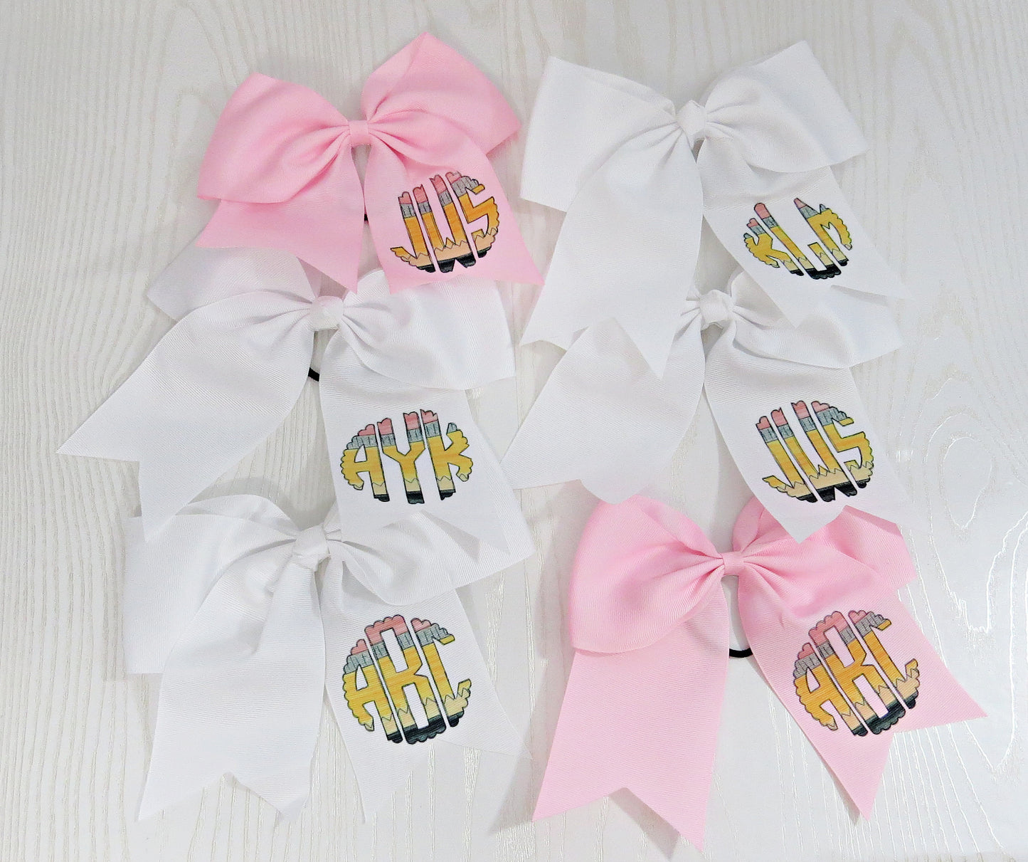 Personalized Pencil Monogram Hair Bow for Girls - Monogram Hair Tie - Accessory Back to School - Custom White Pink Preppy Bow - Cheer 8" Bow - Ribbon - Uniform