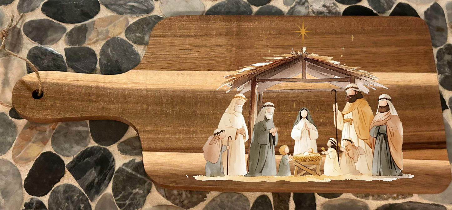 Nativity Scene Cutting Board with Handles - 15 x 7 Inch - Acacia Wood - Holiday Decorations Decor