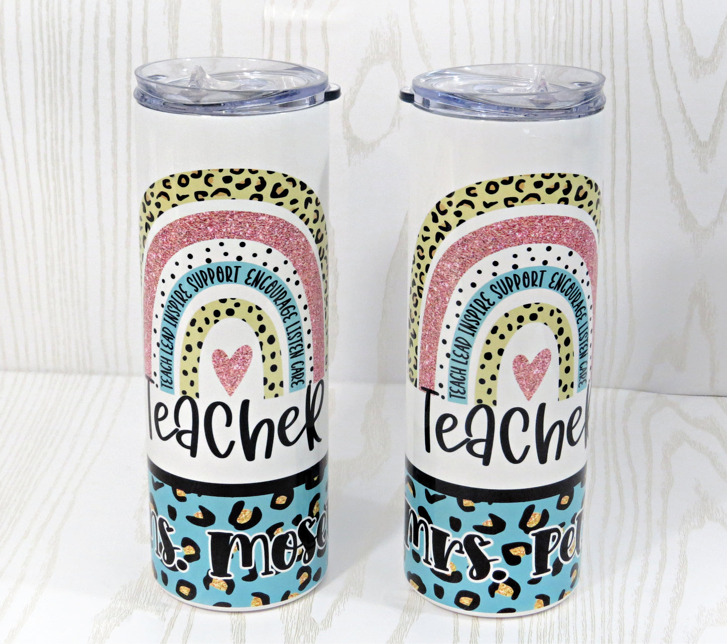 20 oz Stainless Steel Personalized Teacher Rainbow Coffee Teacher Tumbler - Teach Lead Inspire Support Appreciation Week Tumbler Gift - Custom End of School Year Gift – Thank you Cup Skinny Tumbler Gift - Care Package - Custom End of School Year