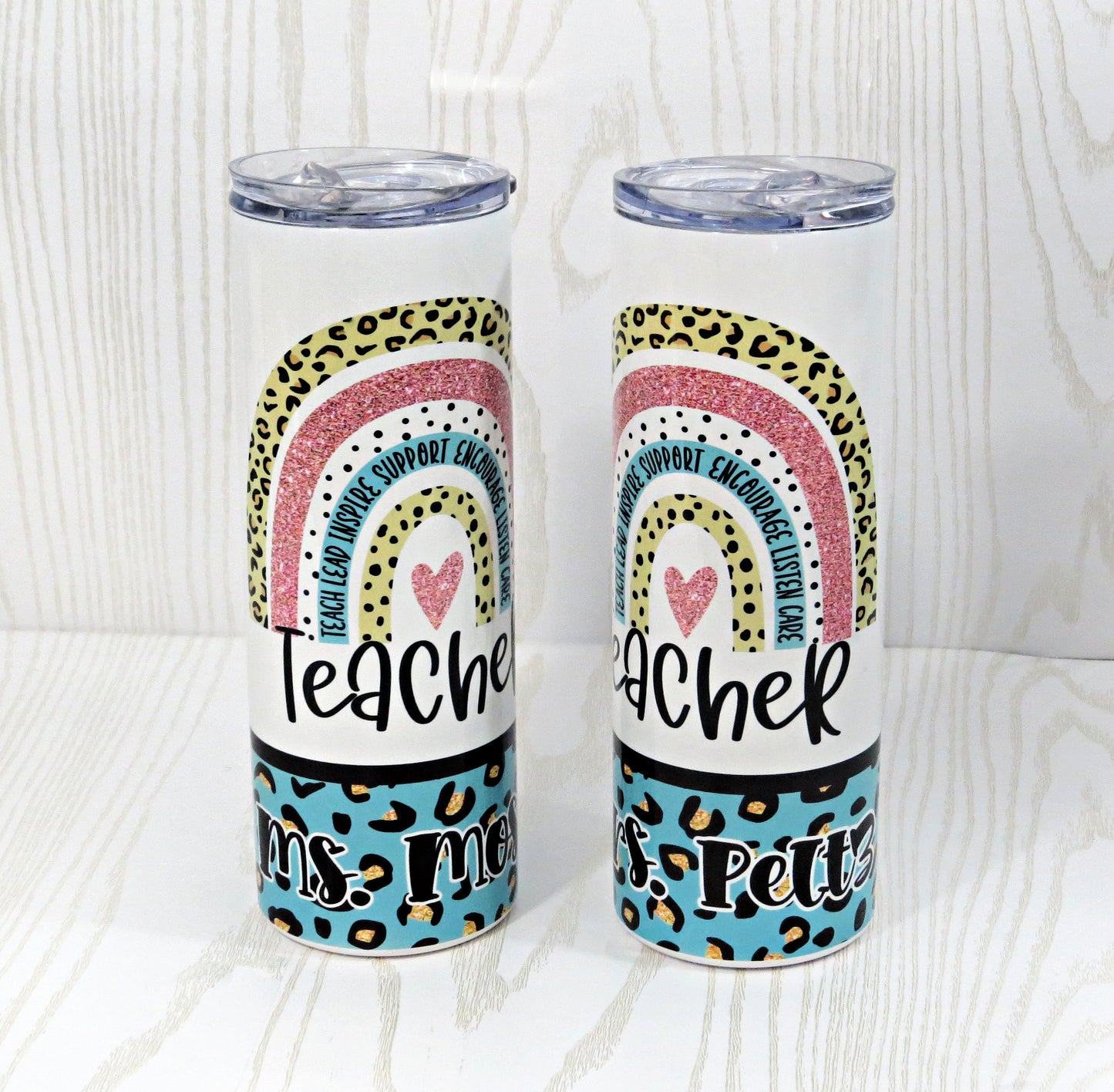 20 oz Stainless Steel Personalized Teacher Rainbow Coffee Teacher Tumbler - Teach Lead Inspire Support Appreciation Week Tumbler Gift - Custom End of School Year Gift – Thank you Cup Skinny Tumbler Gift - Care Package - Custom End of School Year