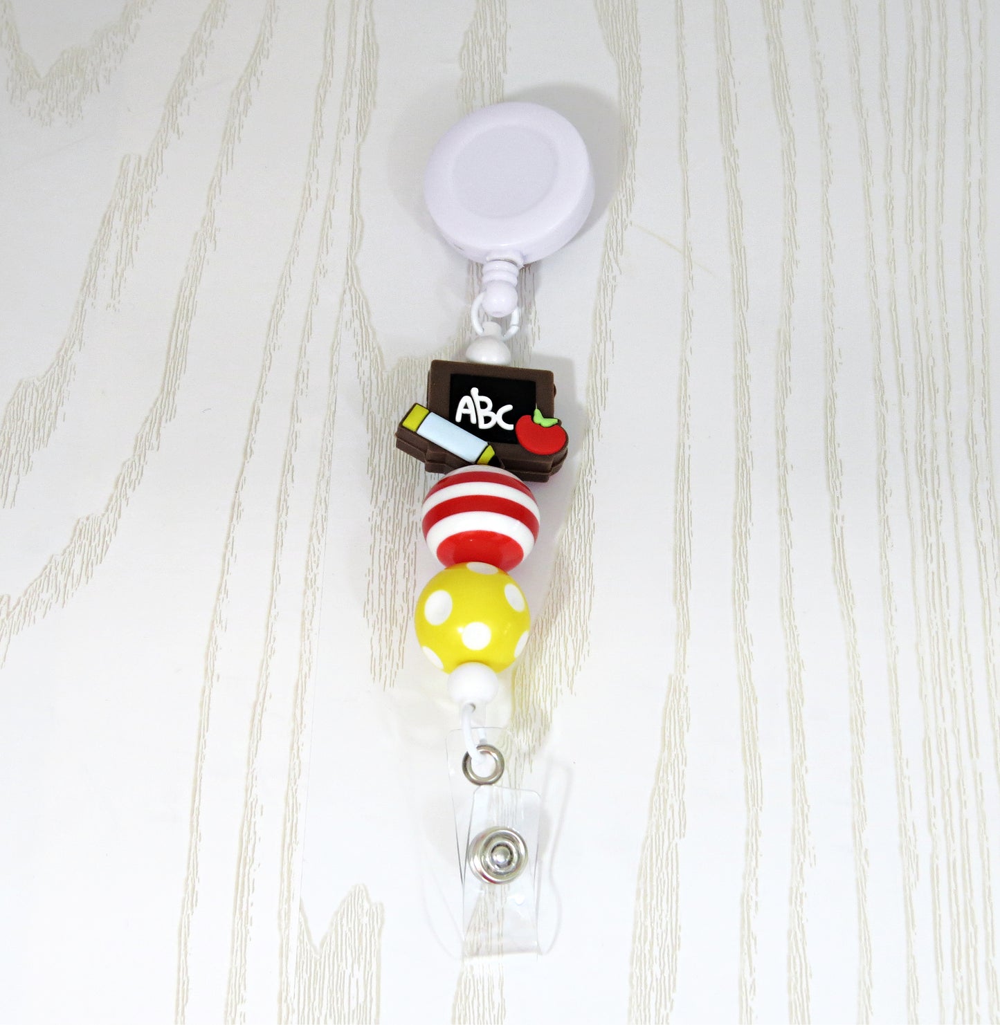 Kenzie's Boutique Handmade Retractable ABC Teacher Badge Reel Lanyard Clip - Stylish Cute Beaded Design - Cruise Breakaway Clasp for ID Badges and Keys