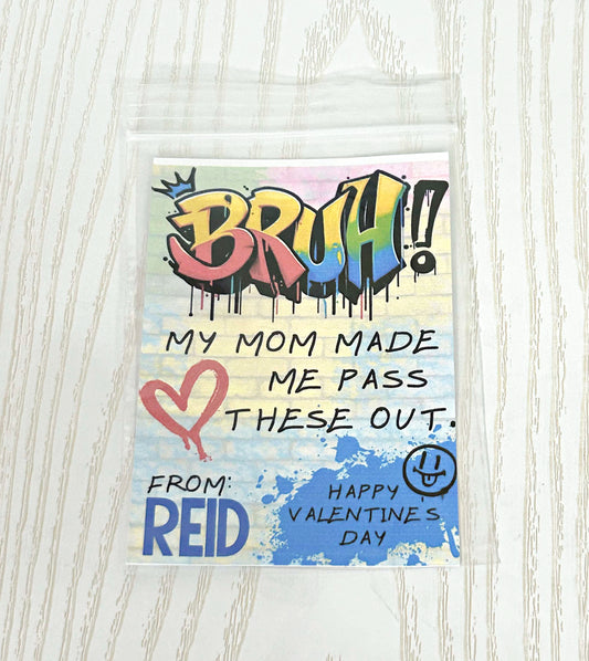 Kenzie's Boutique Handmade Personalized Bruh Valentine's Day Cards - Custom School Exchange Cards with From Field  - Unique Gift for Kids School Classroom - Add Candy Greeting Him Boy