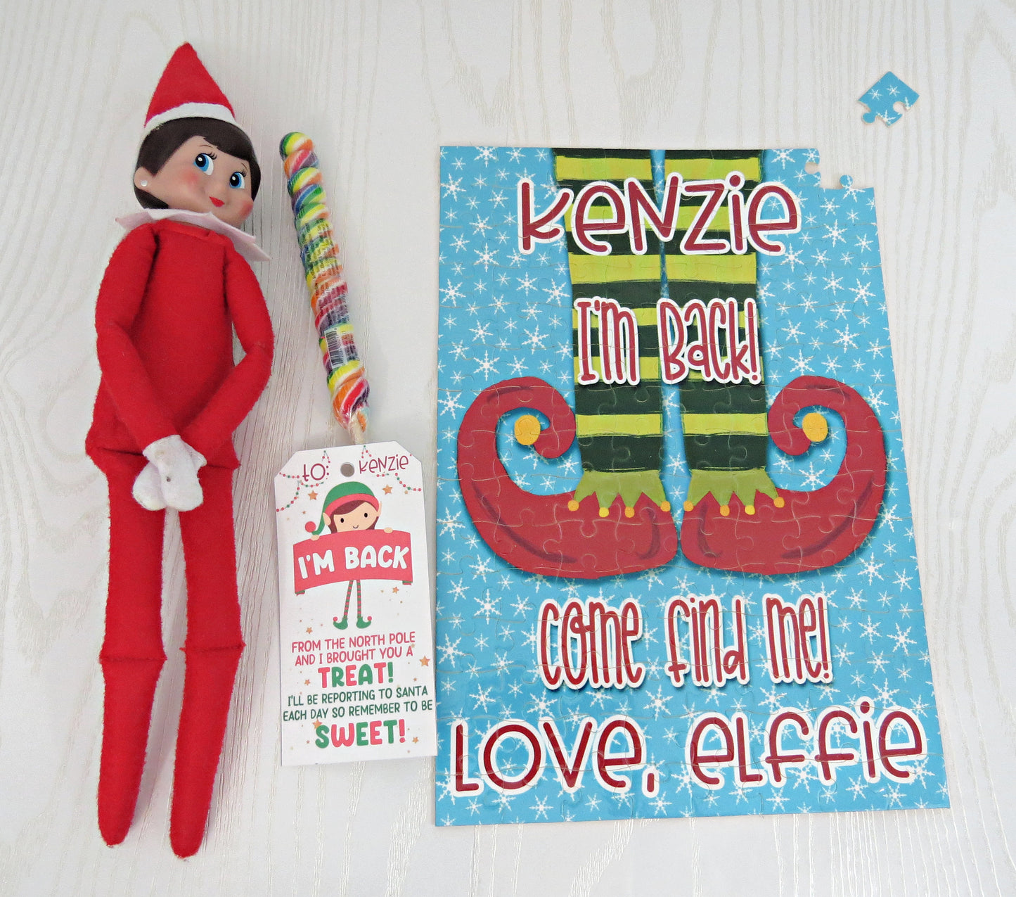 Welcome Back Elf Christmas Personalized Puzzle & Matching Gift Tag - I'm Back Custom Puzzle - Cute Holiday Gift - Personalized Puzzle Kids - Name Puzzle - 24 48 120 pieces