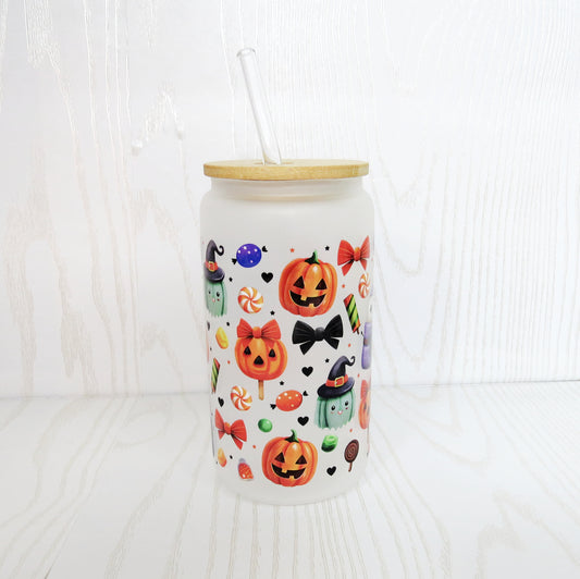 16 oz Halloween Themed Glass Cup with Bamboo Lid - Pint Beer Glass