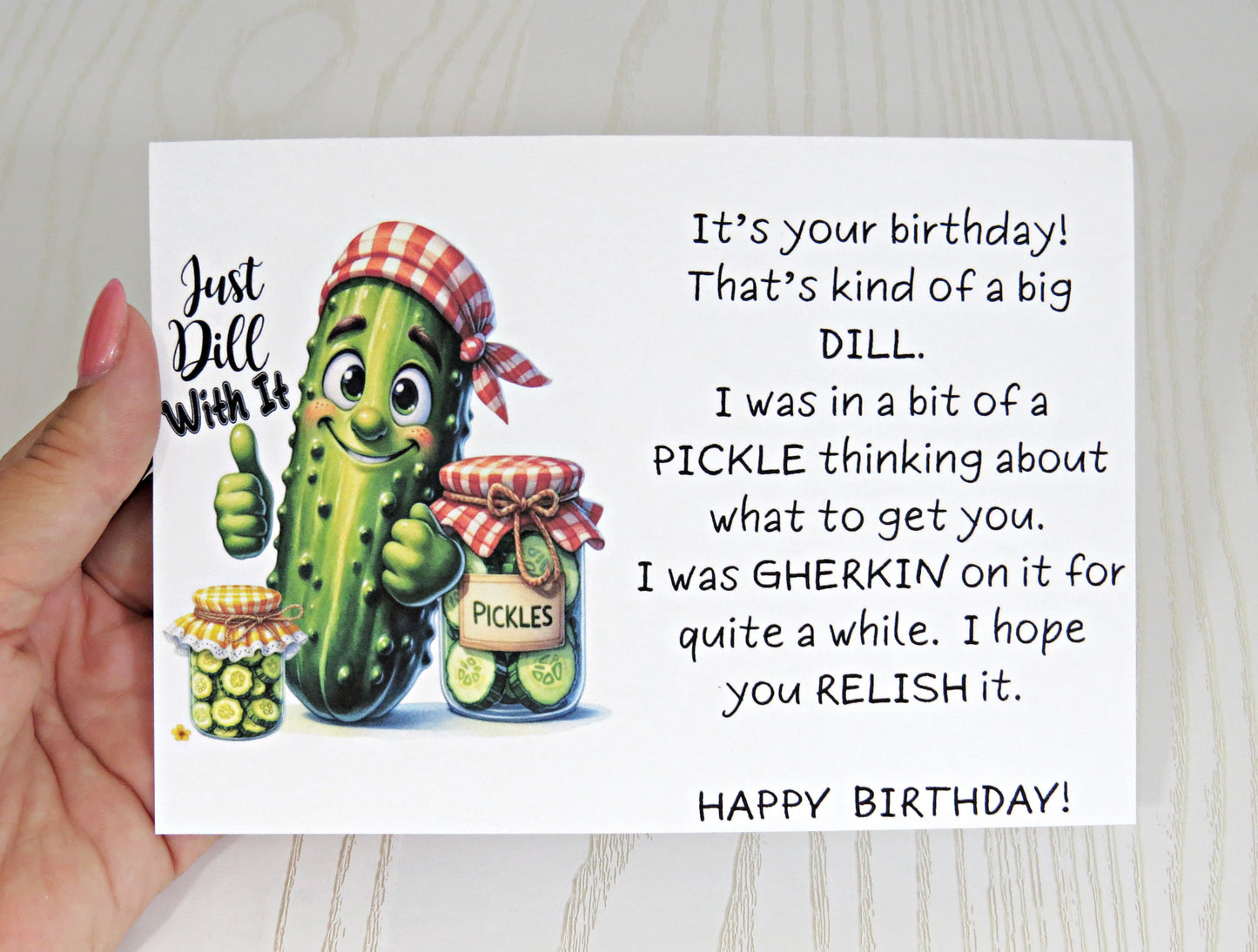 Handmade Kenzie's Boutique Happy Birthday Dill Pickle Lover Card - Funny for Girl Celebration Gift - Mom to Be Unique Gift Card Holder Cash - Folded Card for Her - Humor Giggles Cutie Cute