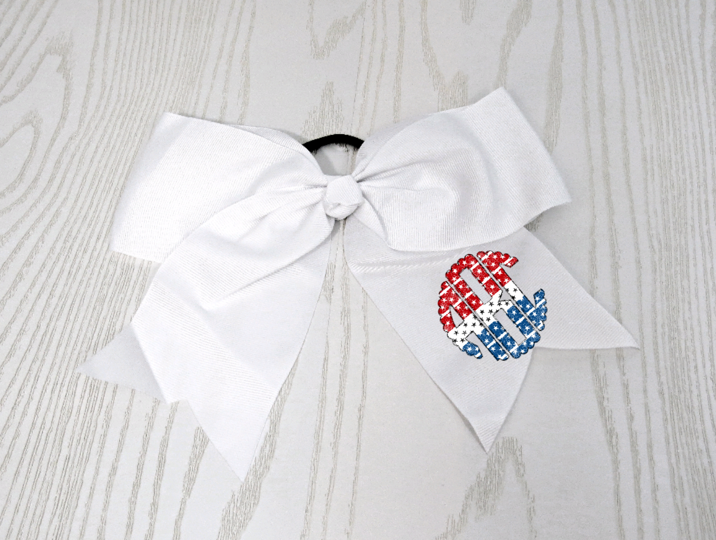 Patriotic Personalized Hair Bow for Girls - July 4th Hair Tie Accessory- Memorial Day Custom White Preppy Bow - Cheer 8" Bow - Ribbon