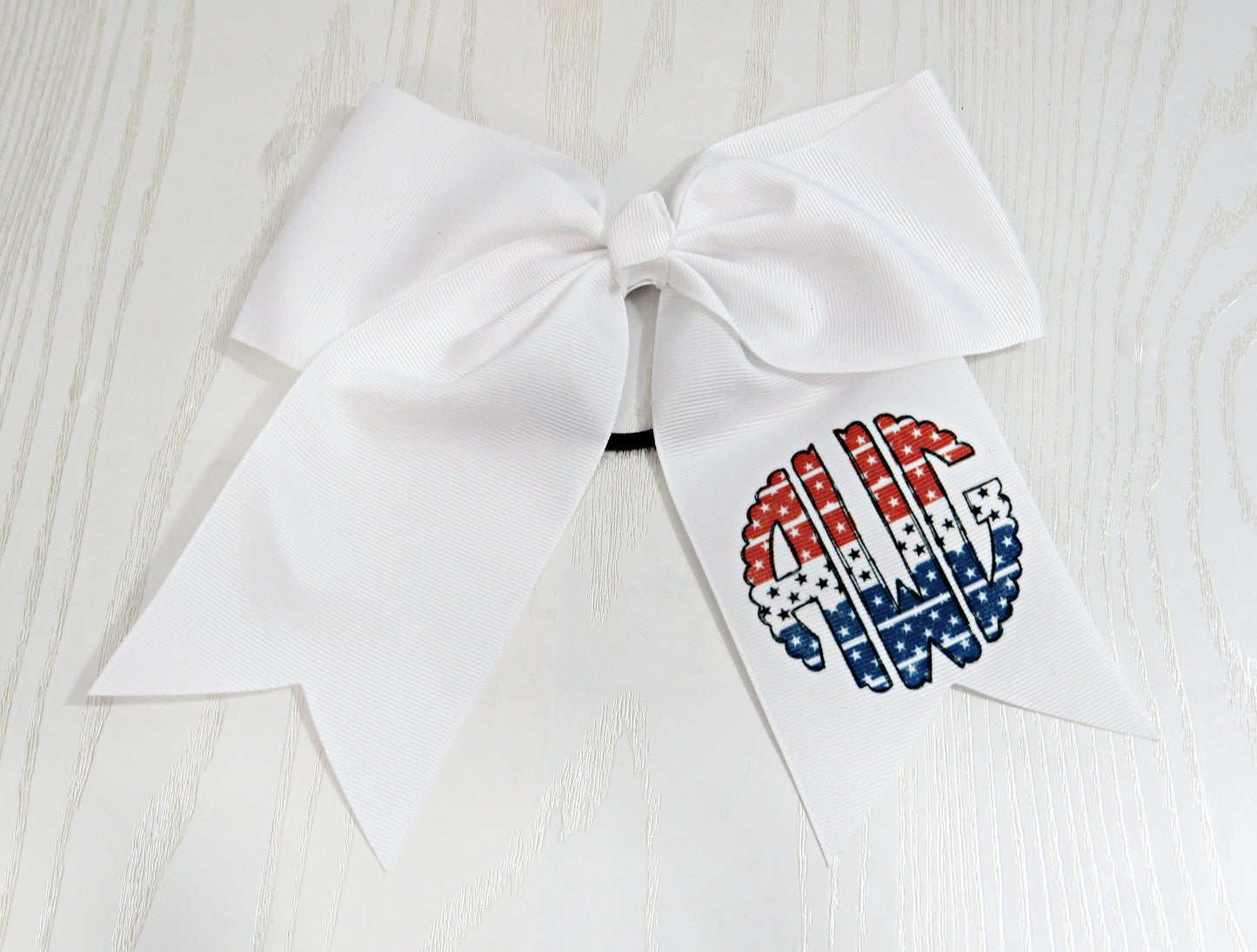 Patriotic Personalized Hair Bow for Girls - July 4th Hair Tie Accessory- Memorial Day Custom White Preppy Bow - Cheer 8" Bow - Ribbon