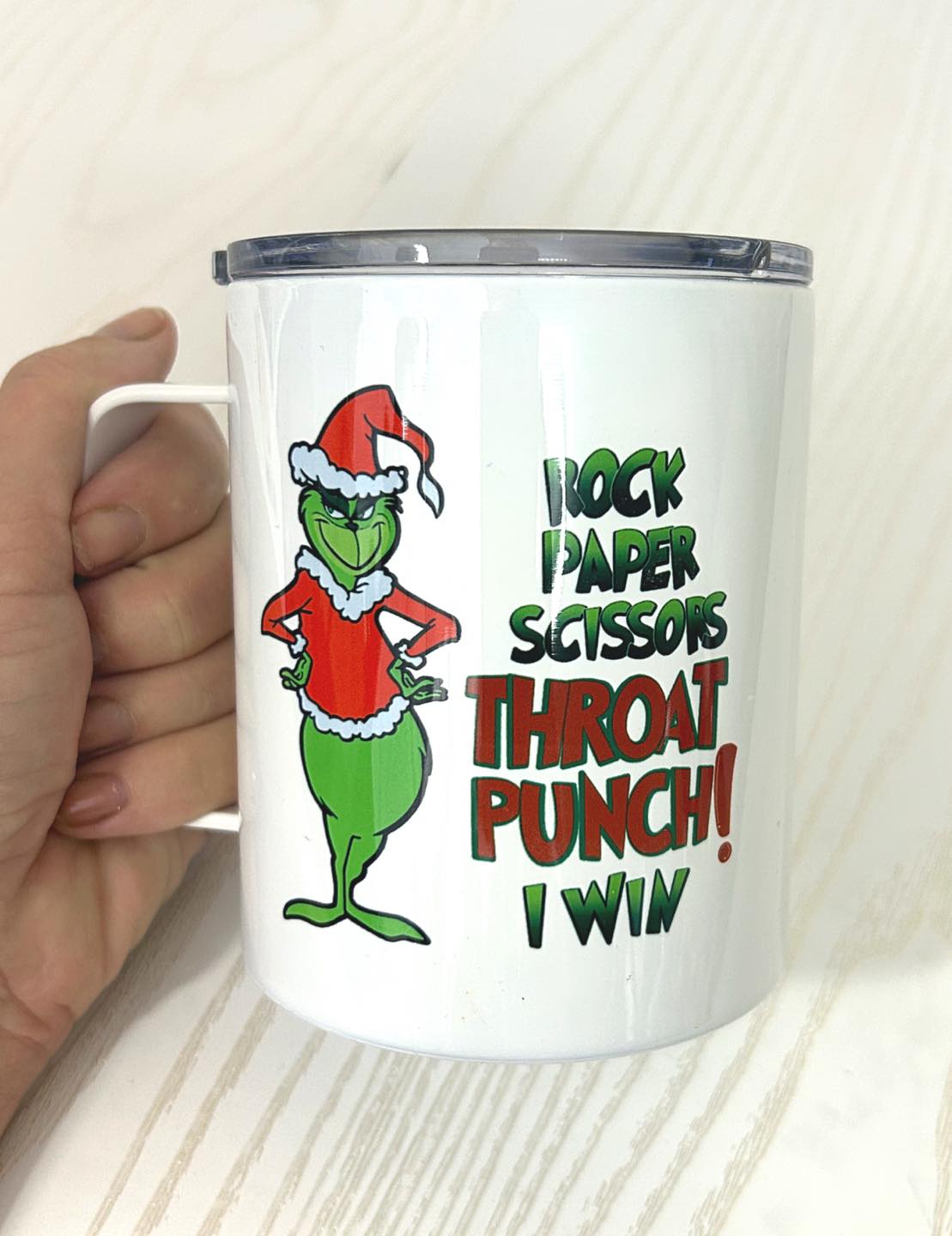 Christmas Green Man Coffee Mug - Rock Paper Scissors Throat Punch I Win!