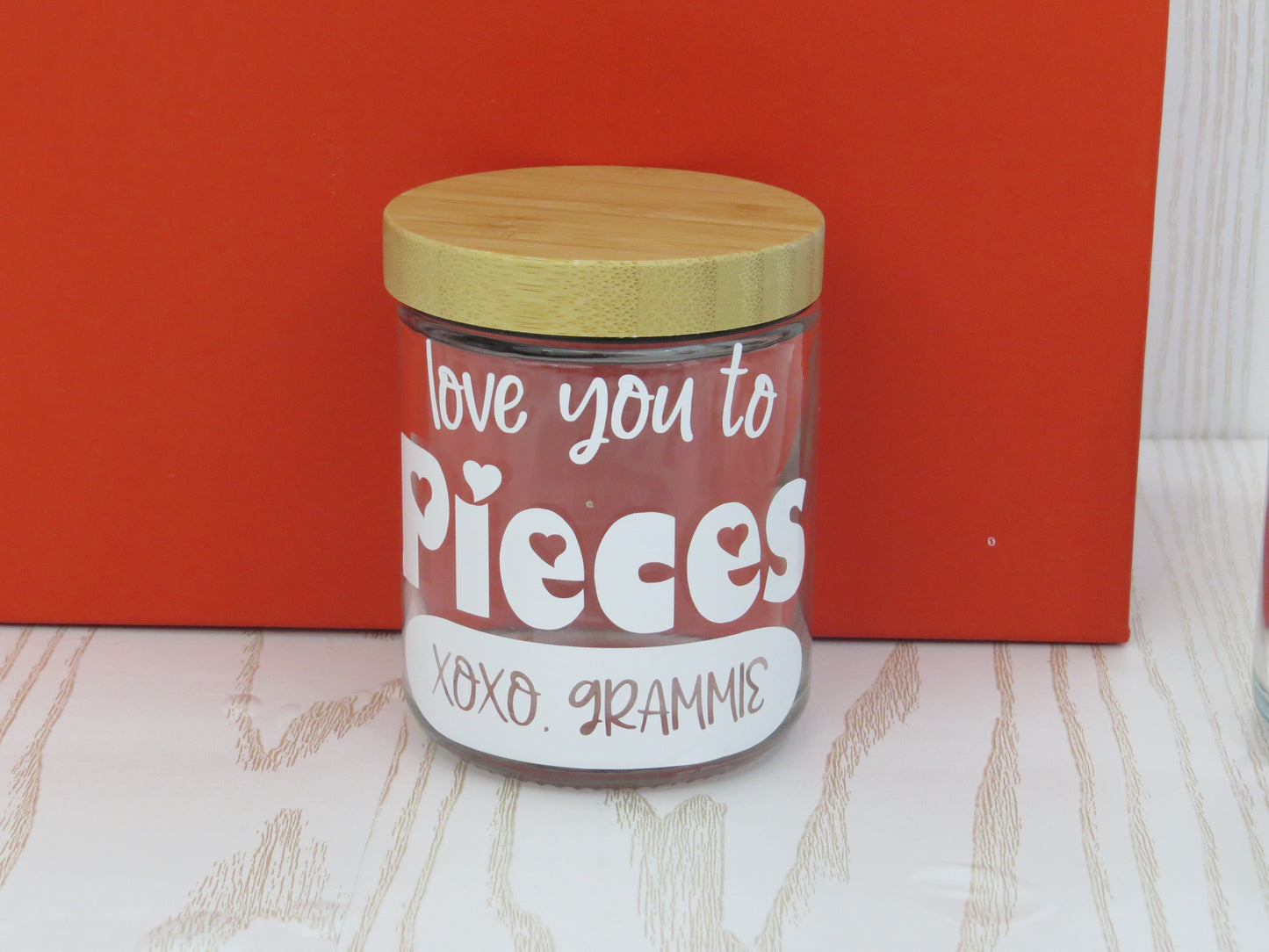 Personalized Love You to Pieces Candy Jar Container Valentines Day Gift for Kids Teachers - Custom Gift with Name - Glass Jar with Bamboo Lid - Heart Basket Gift