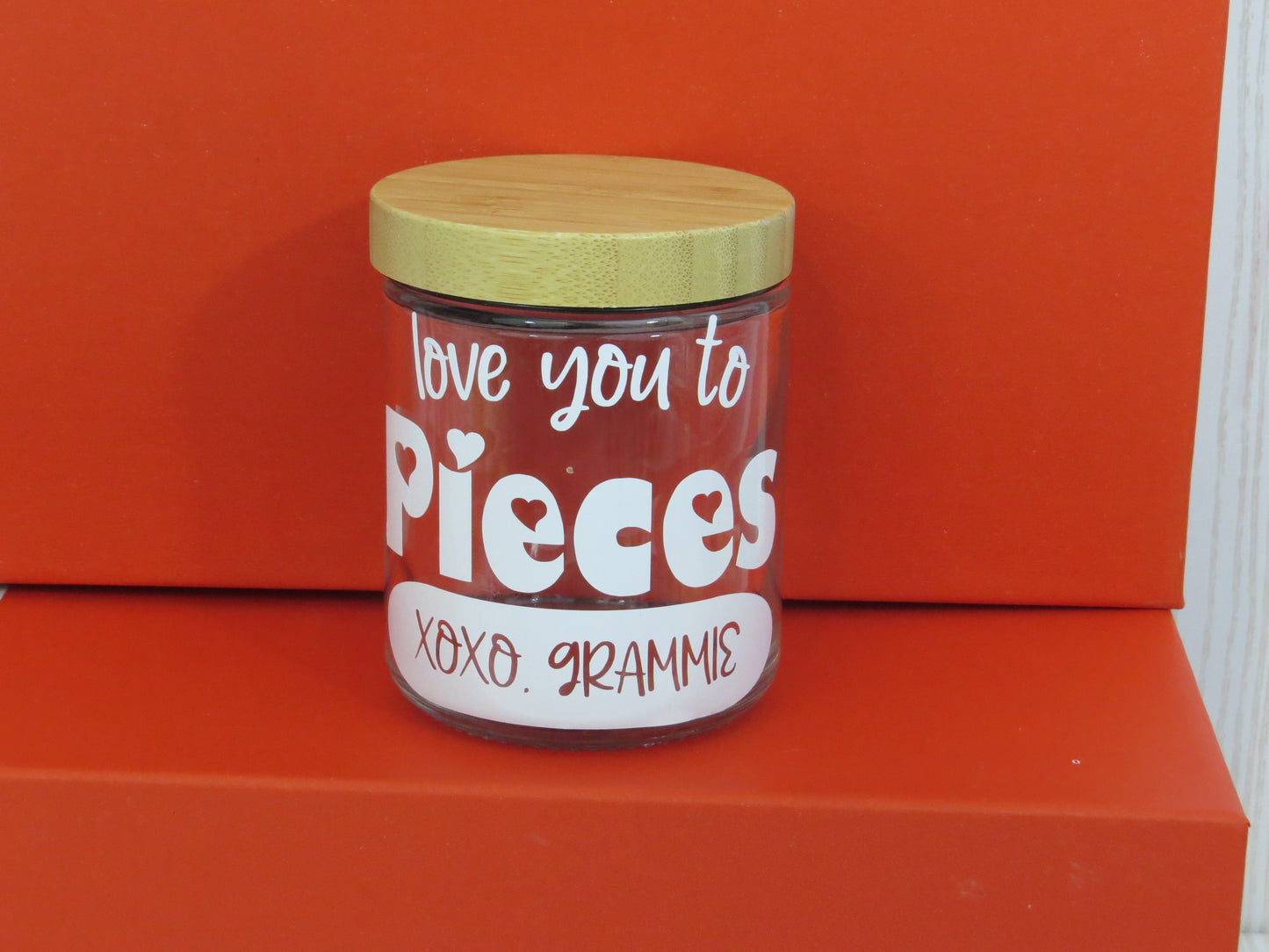 Personalized Love You to Pieces Candy Jar Container Valentines Day Gift for Kids Teachers - Custom Gift with Name - Glass Jar with Bamboo Lid - Heart Basket Gift