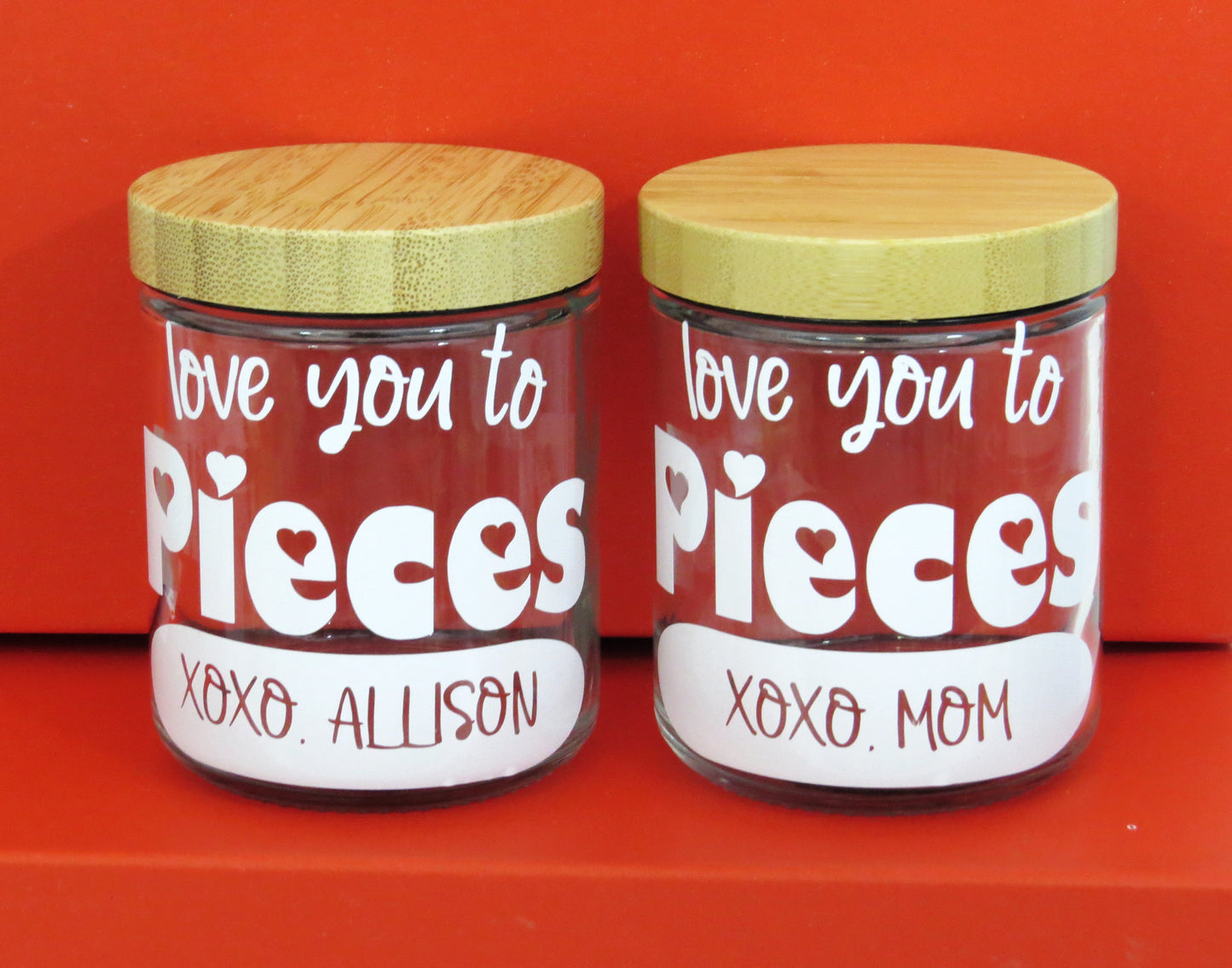 Personalized Love You to Pieces Candy Jar Container Valentines Day Gift for Kids Teachers - Custom Gift with Name - Glass Jar with Bamboo Lid - Heart Basket Gift