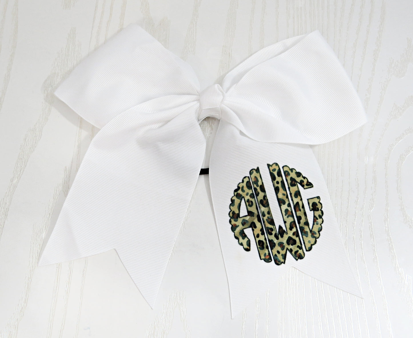 Personalized Leopard Monogram Hair Bow for Girls - Cheetah Monogram Hair Tie - Accessory Back to School - Custom White Pink Preppy Bow - Cheer 8" Bow - Ribbon - Uniform