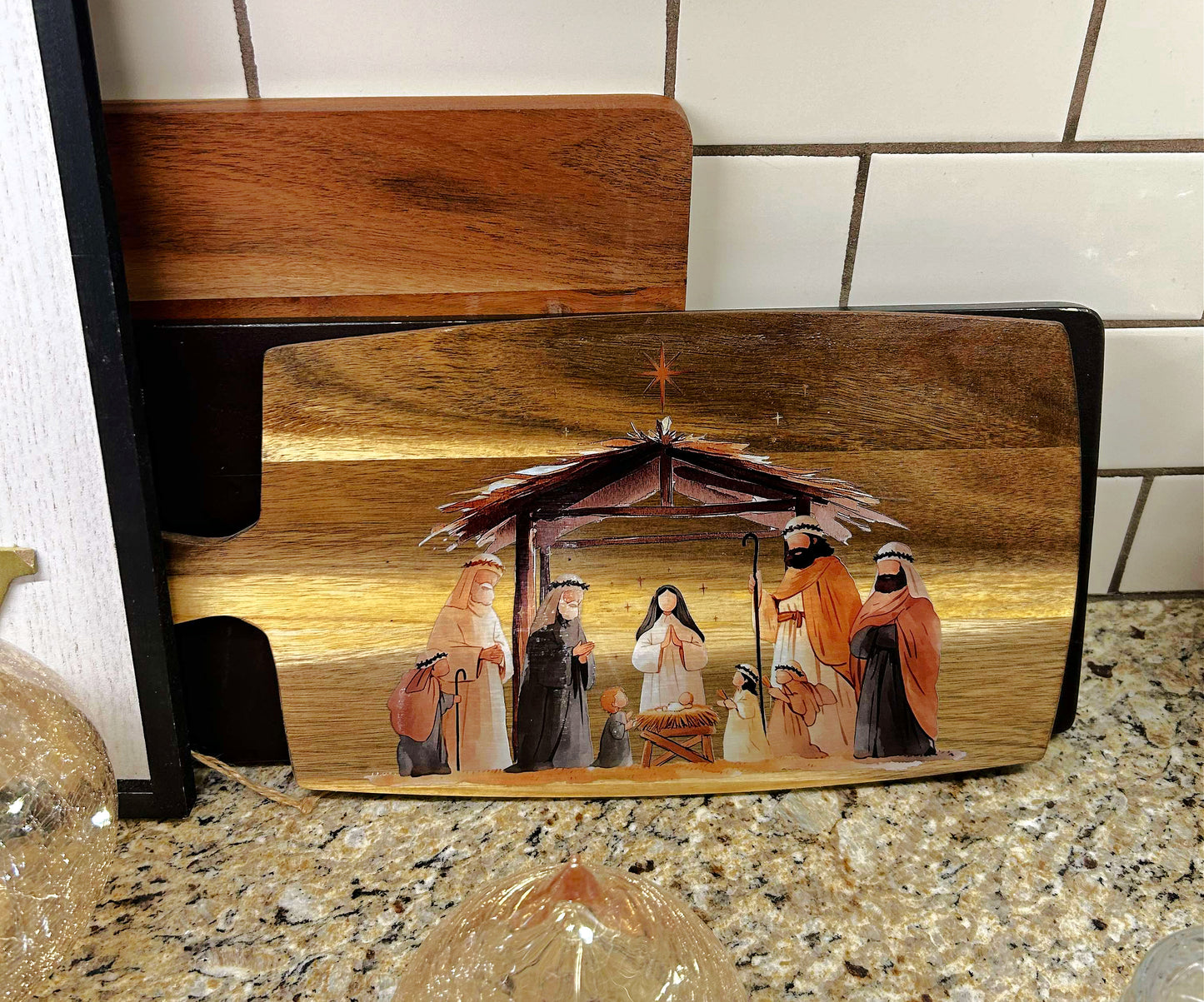 Nativity Scene Cutting Board with Handles - 15 x 7 Inch - Acacia Wood - Holiday Decorations Decor