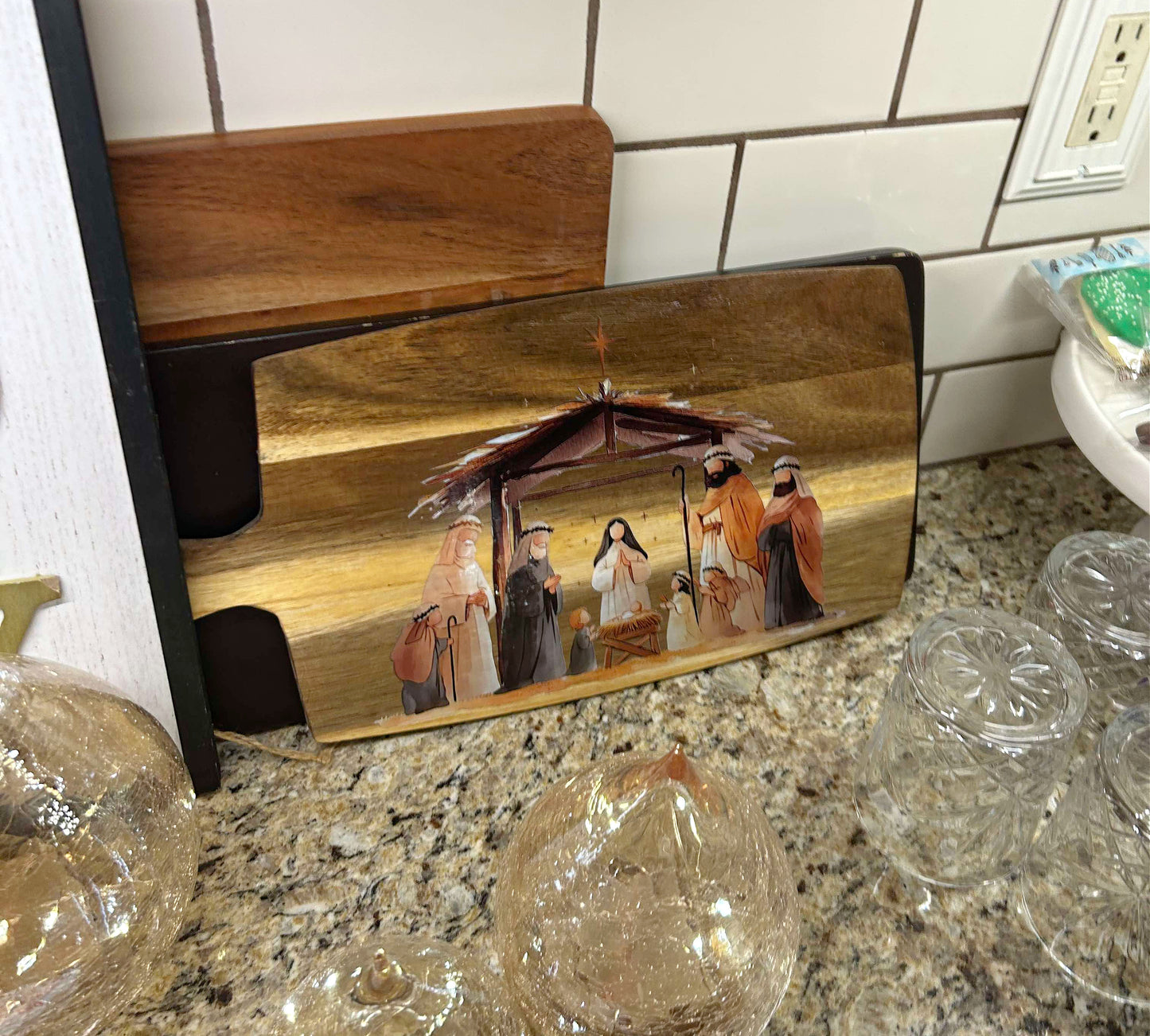 Nativity Scene Cutting Board with Handles - 15 x 7 Inch - Acacia Wood - Holiday Decorations Decor