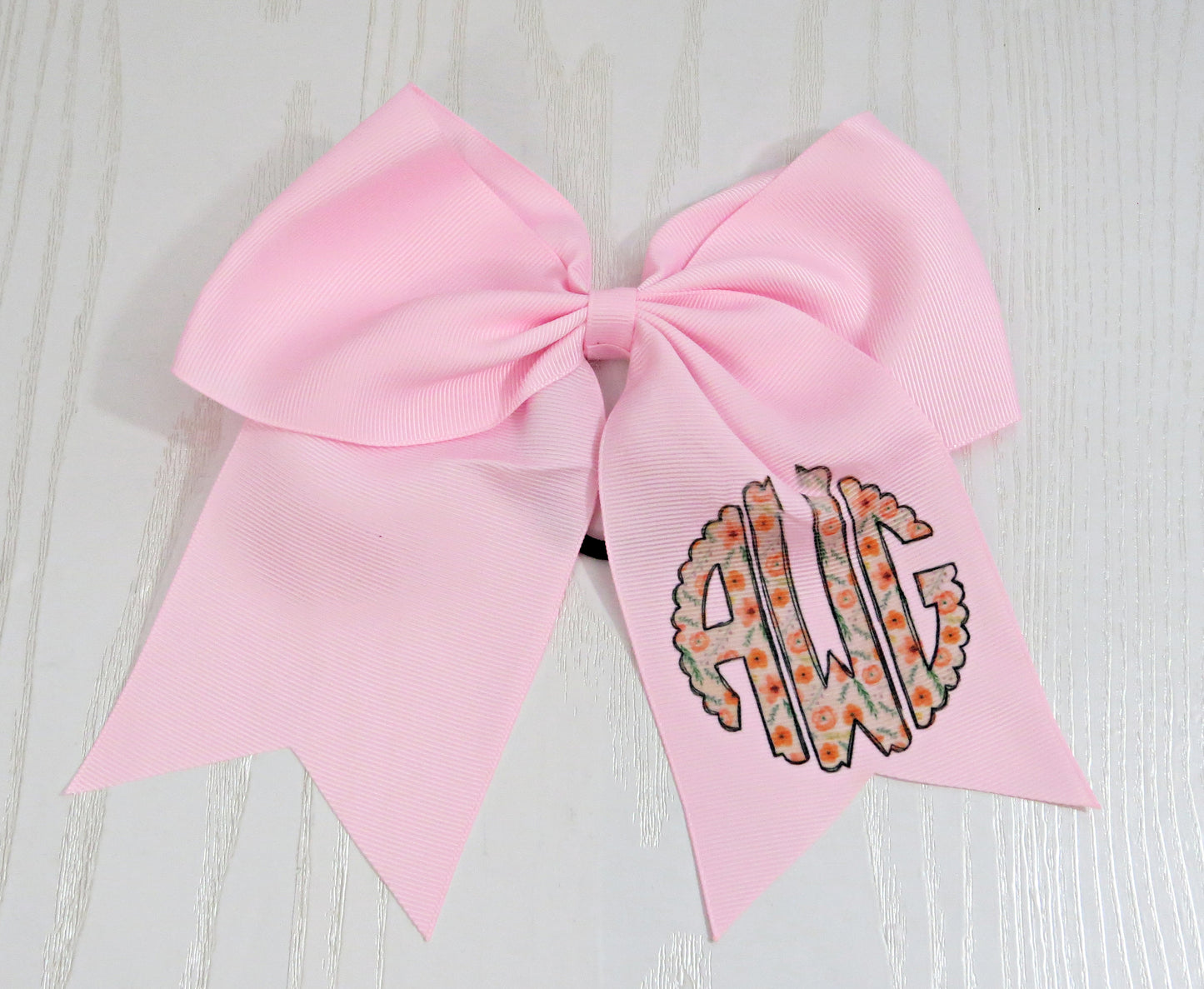 Personalized Peachy Floral Monogram Hair Bow for Girls - Peach Flowers Monogram Hair Tie - Accessory Back to School - Custom White Pink Preppy Bow - Cheer 8" Bow - Ribbon - Uniform