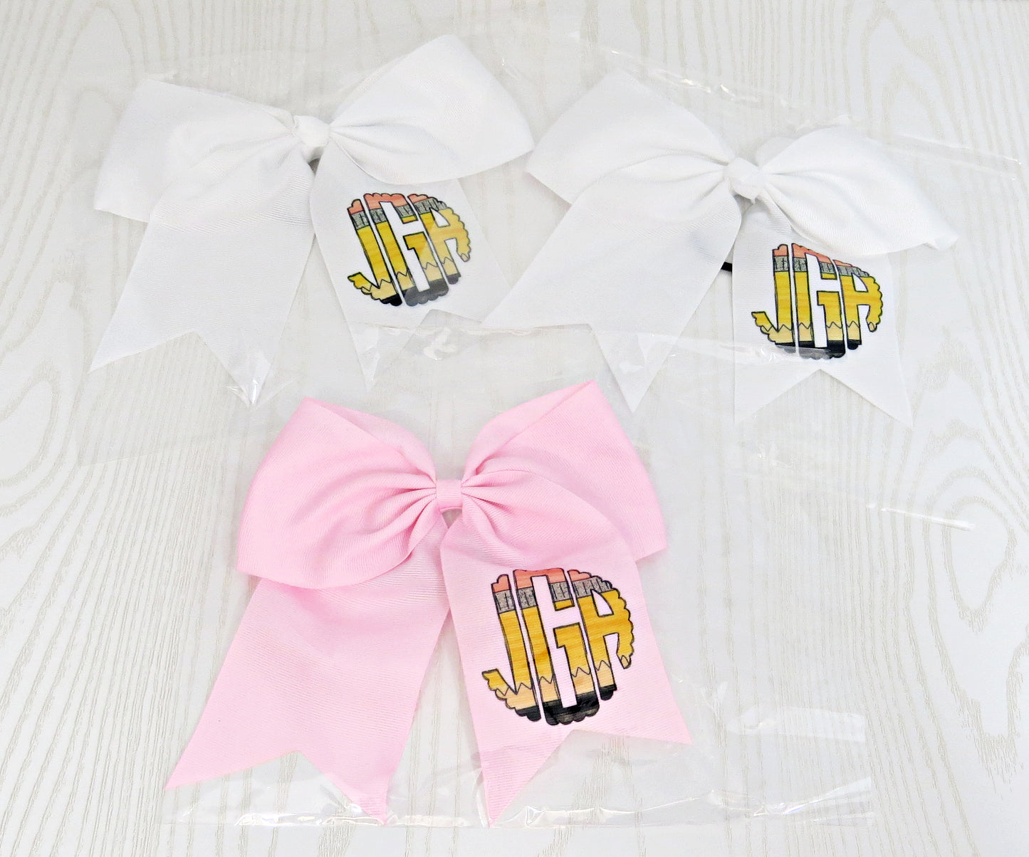 Personalized Pencil Monogram Hair Bow for Girls - Monogram Hair Tie - Accessory Back to School - Custom White Pink Preppy Bow - Cheer 8" Bow - Ribbon - Uniform