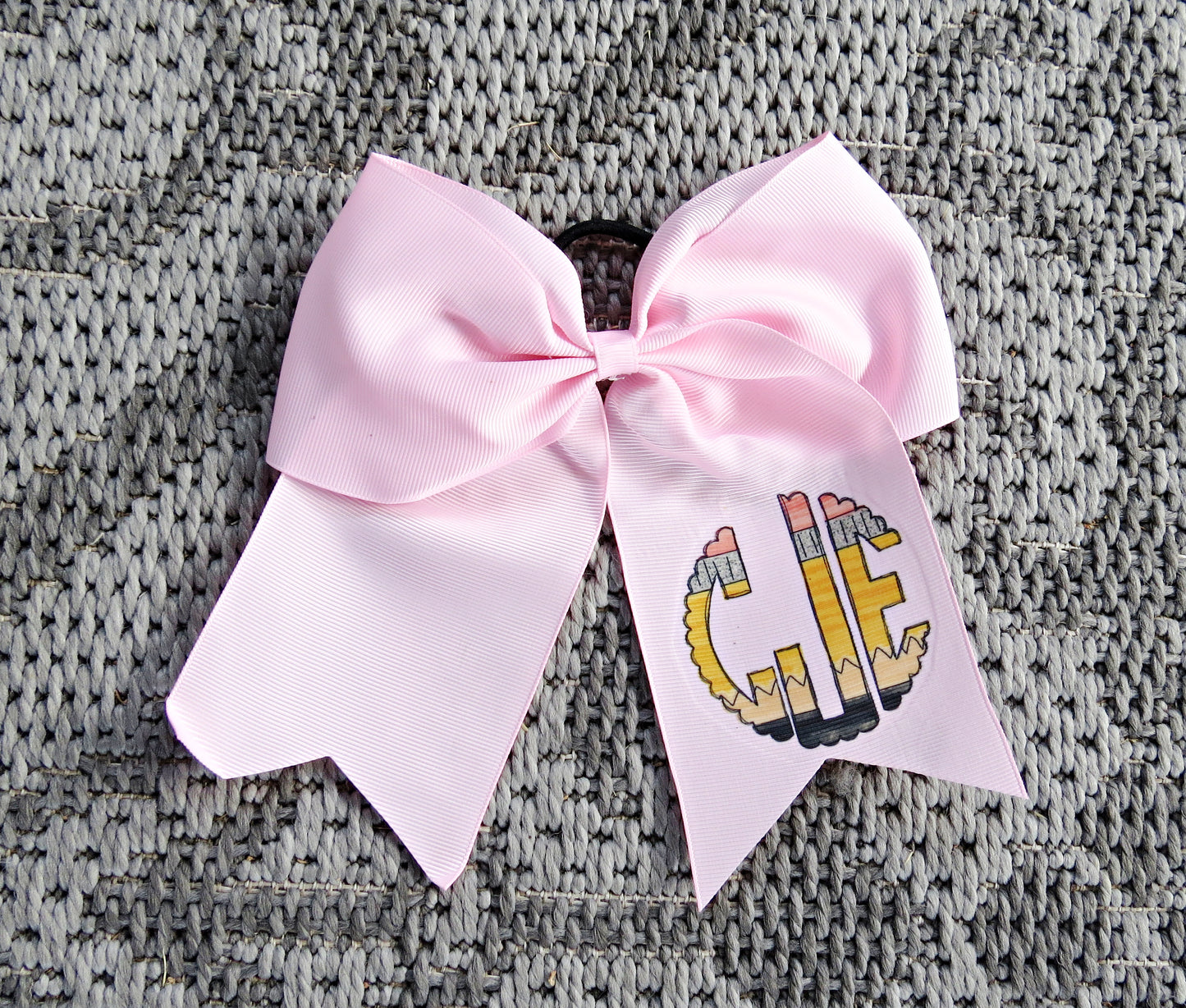 Personalized Pencil Monogram Hair Bow for Girls - Monogram Hair Tie - Accessory Back to School - Custom White Pink Preppy Bow - Cheer 8" Bow - Ribbon - Uniform