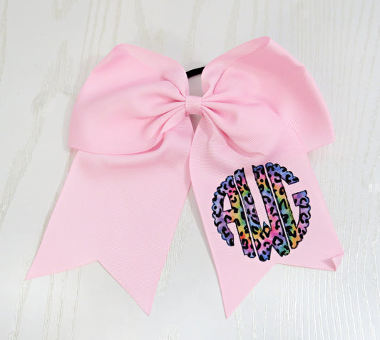 Personalized Rainbow Cheetah Monogram Hair Bow for Girls - Monogram Hair Tie - Accessory Back to School - Custom White Pink Preppy Bow - Cheer 8" Bow - Ribbon - Uniform