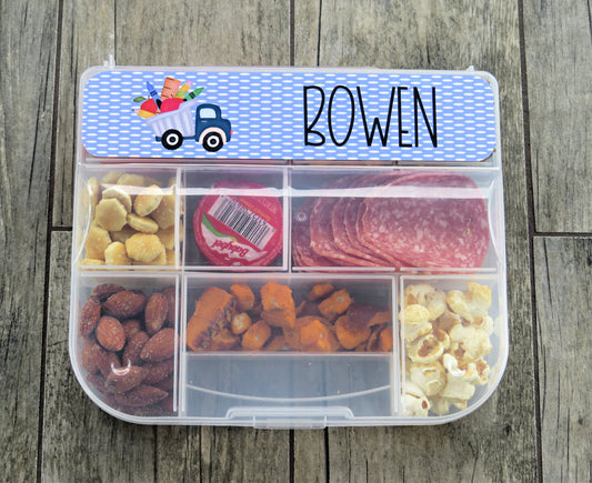 Personalized Snack Box - Snacklebox Custom Case - Hard Box with Snap-Tight Lid - Vacation Food Saver - Car Ride Snack Holder