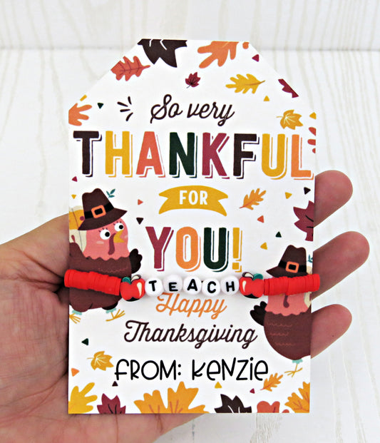 Thankful for You Personalized Bracelet and Matching Card - Unique Thanksgiving Gift Teacher Nurse Doctor from Kids - Greeting Cards - Gift for Him Her Boy Girl Note