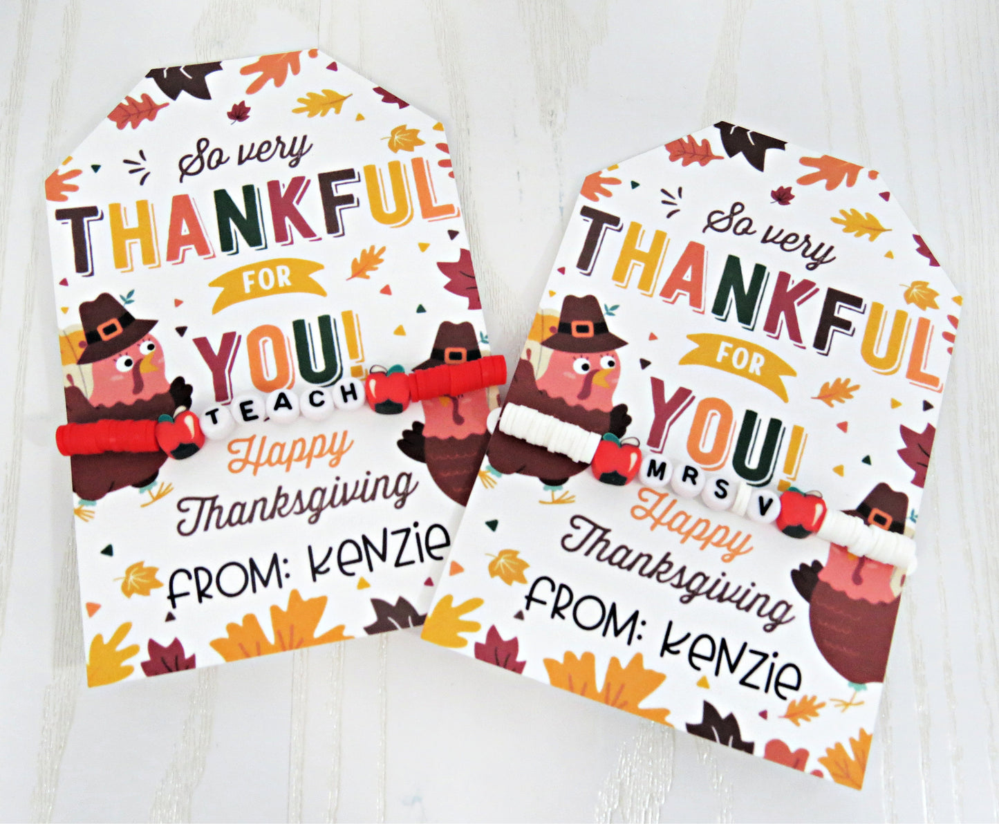 Thankful for You Personalized Bracelet and Matching Card - Unique Thanksgiving Gift Teacher Nurse Doctor from Kids - Greeting Cards - Gift for Him Her Boy Girl Note