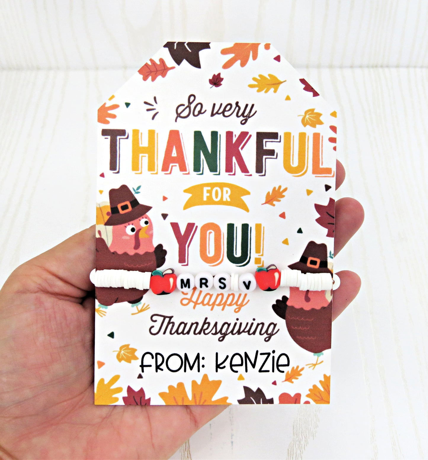 Thankful for You Personalized Bracelet and Matching Card - Unique Thanksgiving Gift Teacher Nurse Doctor from Kids - Greeting Cards - Gift for Him Her Boy Girl Note