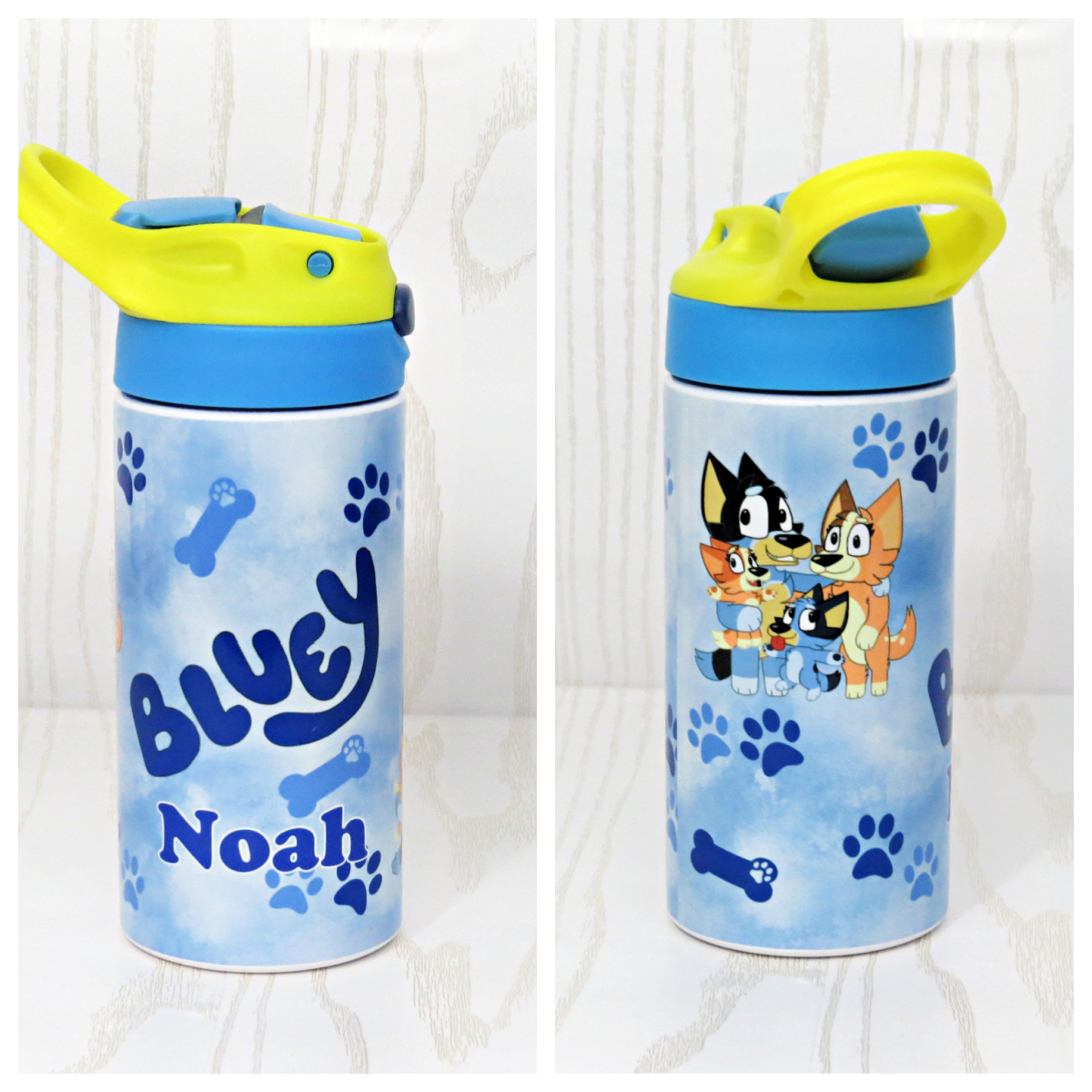 12 oz Stainless Steel Blue Dog Tumbler - Boys Water Bottle - Flip Top - Insulated Reusable - Straw - Personalized Custom with Handle